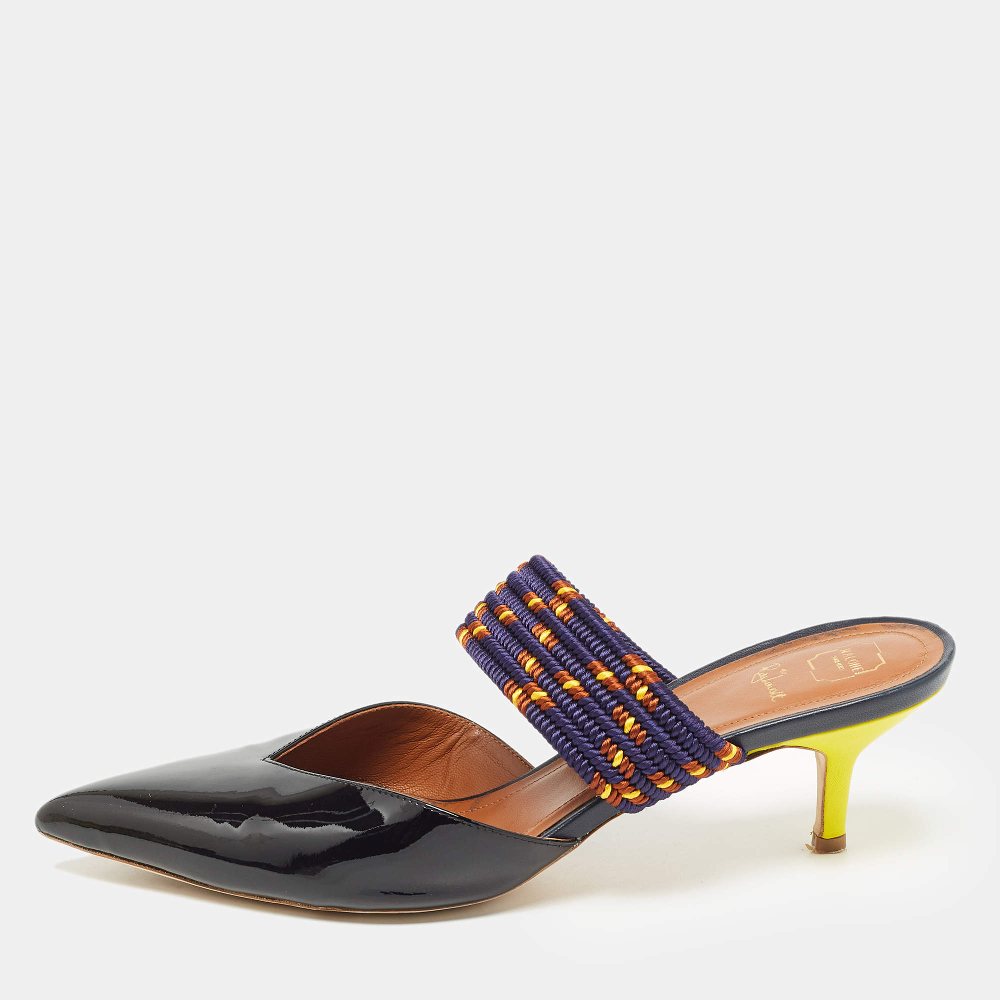 Pre Owned Malone Souliers Black/Purple Patent Leather and Chord Maisie Kitten-Heel Sandals Size 41