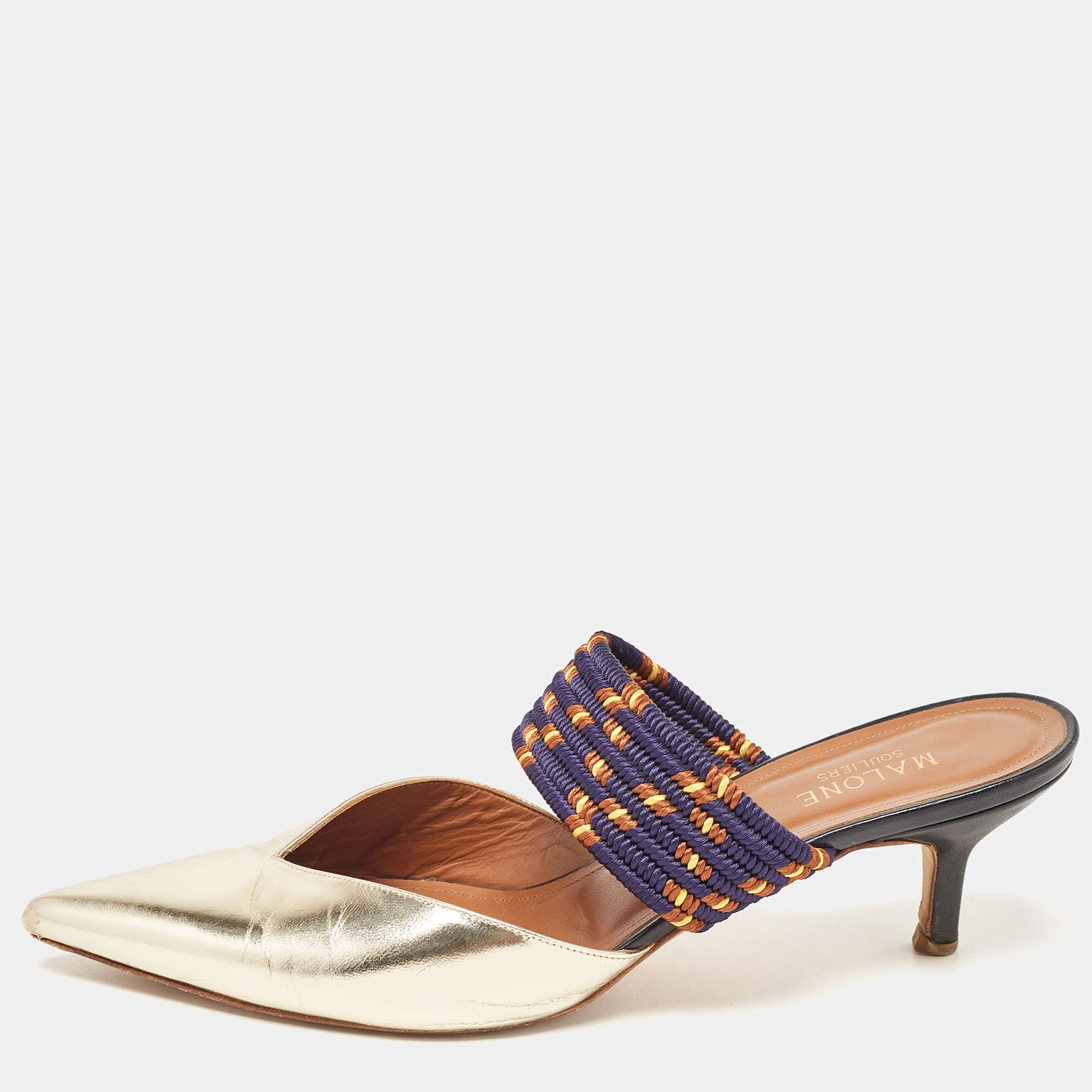 Pre Owned Malone Souliers Gold Leather And Canvas Maisie Sandals Size 40.5