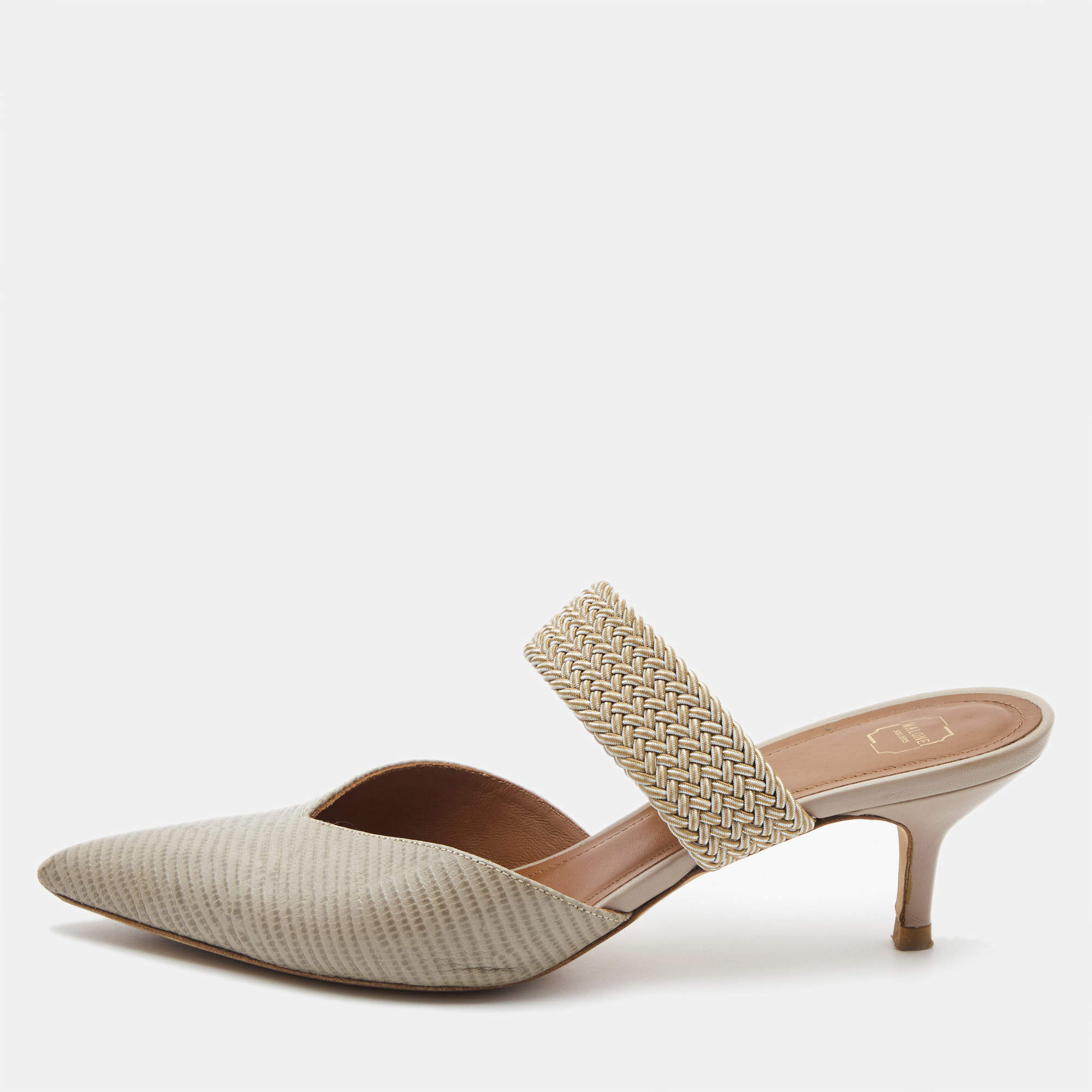 Pre Owned Malone Souliers Grey Lizard Embossed Leather Maisie Pointed Toe Mules Size 40.5