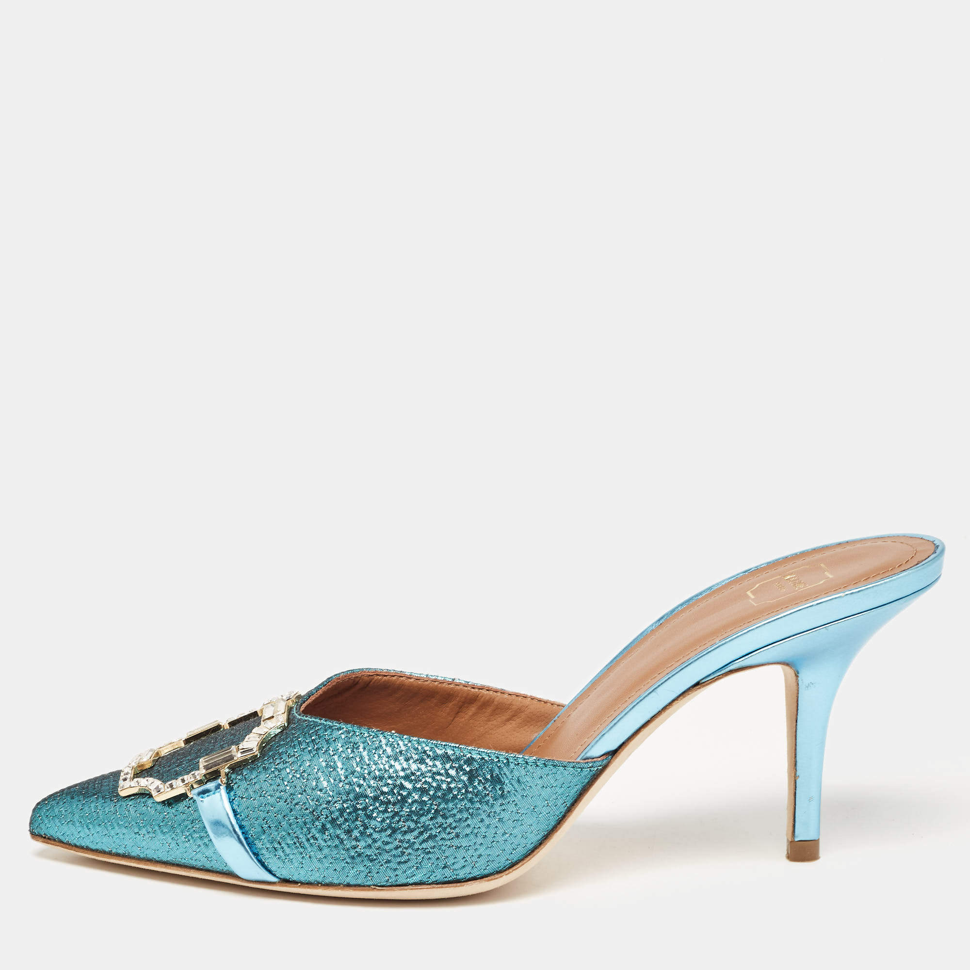 Pre Owned Malone Souliers Metallic Blue Raffia Missy Mule Sandals Size 37