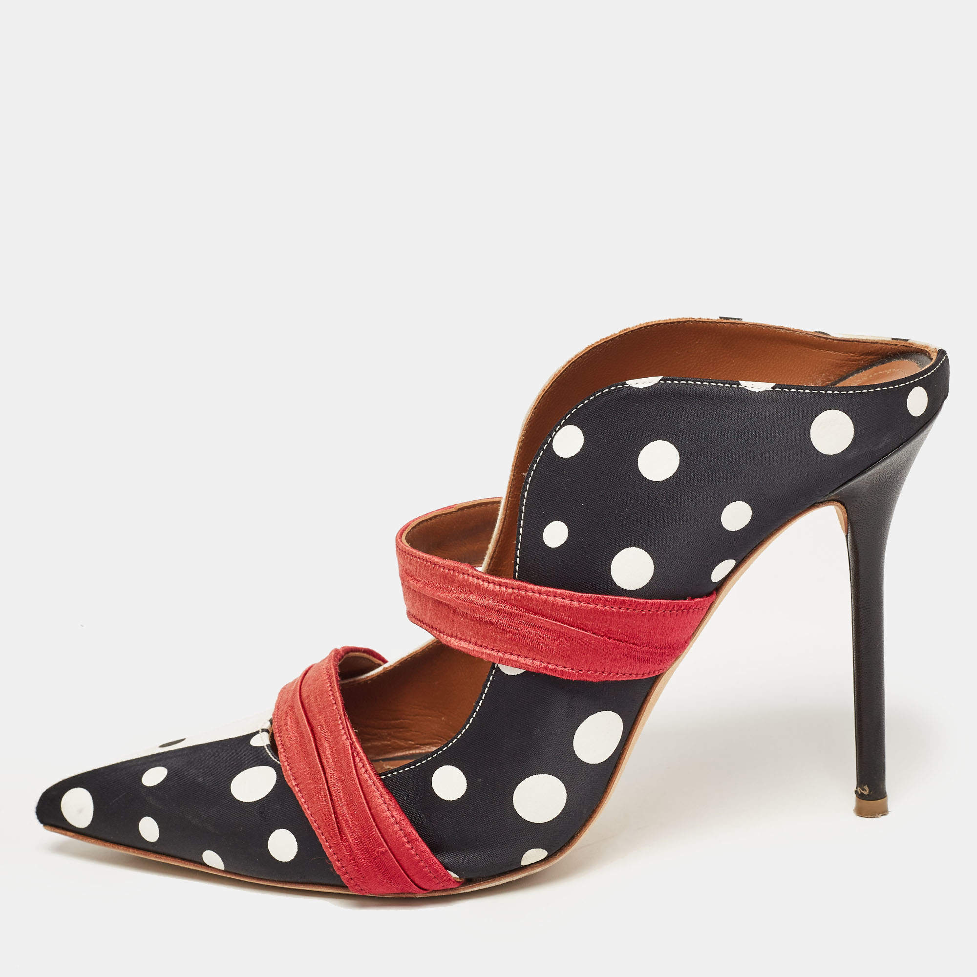 Pre Owned Malone Souliers Black/White Polka Dot Satin Maureen Mules Size 41