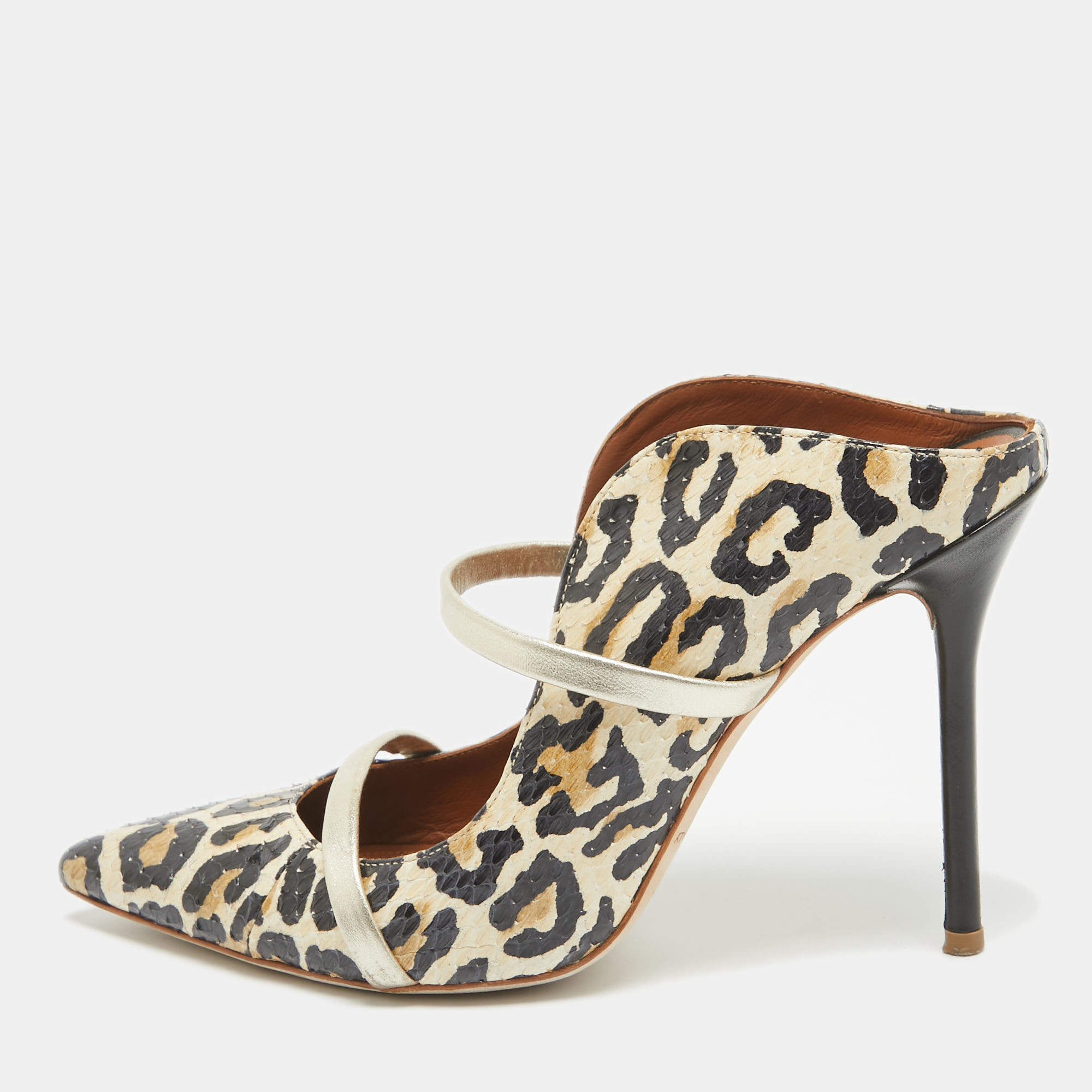 Pre Owned Malone Souliers Black/Gold Snakeskin and Leather Maureen Slide Mules Size 38