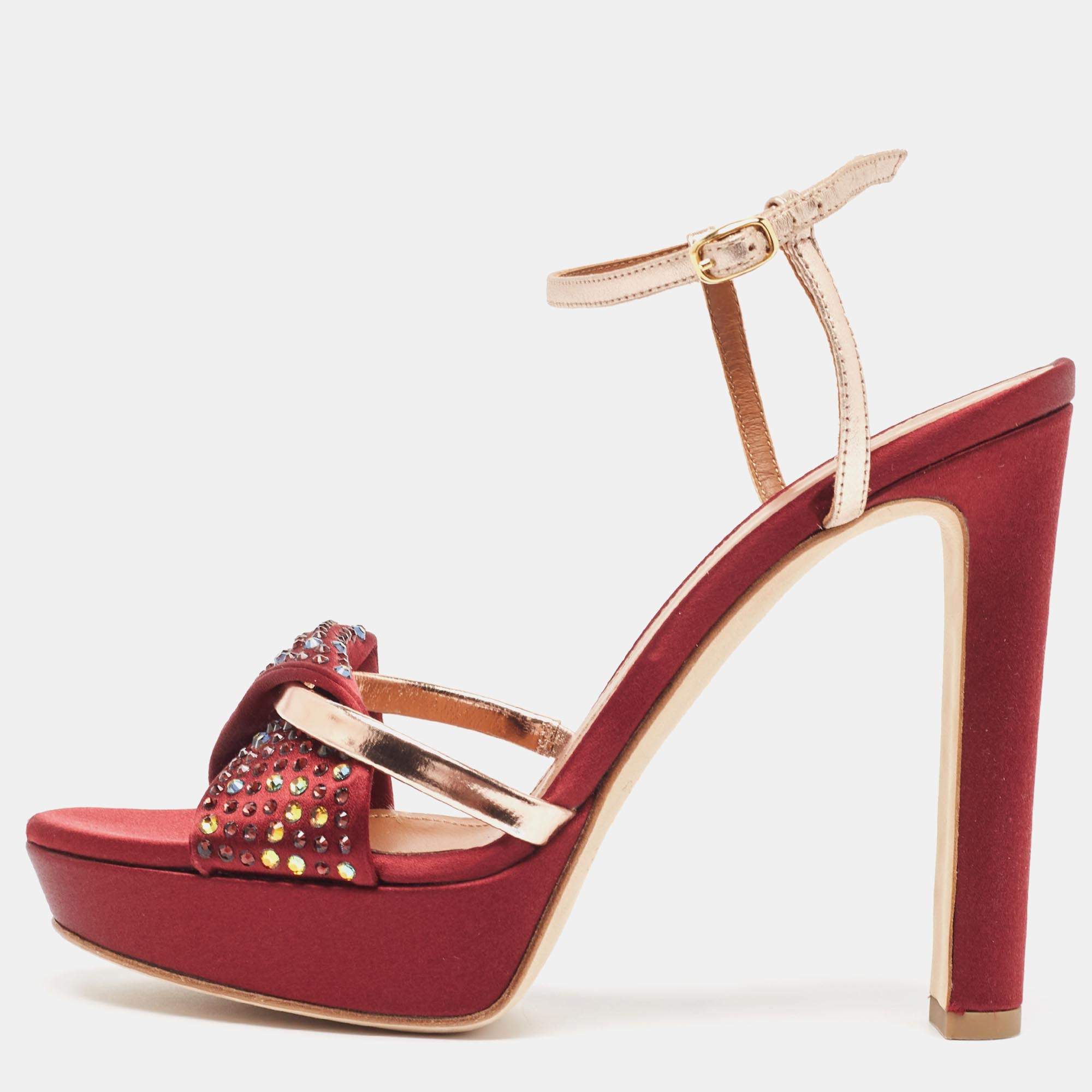 Malone Souliers Burgundy/Gold Satin and Leather Embellished Platform Sandals Size 37.5