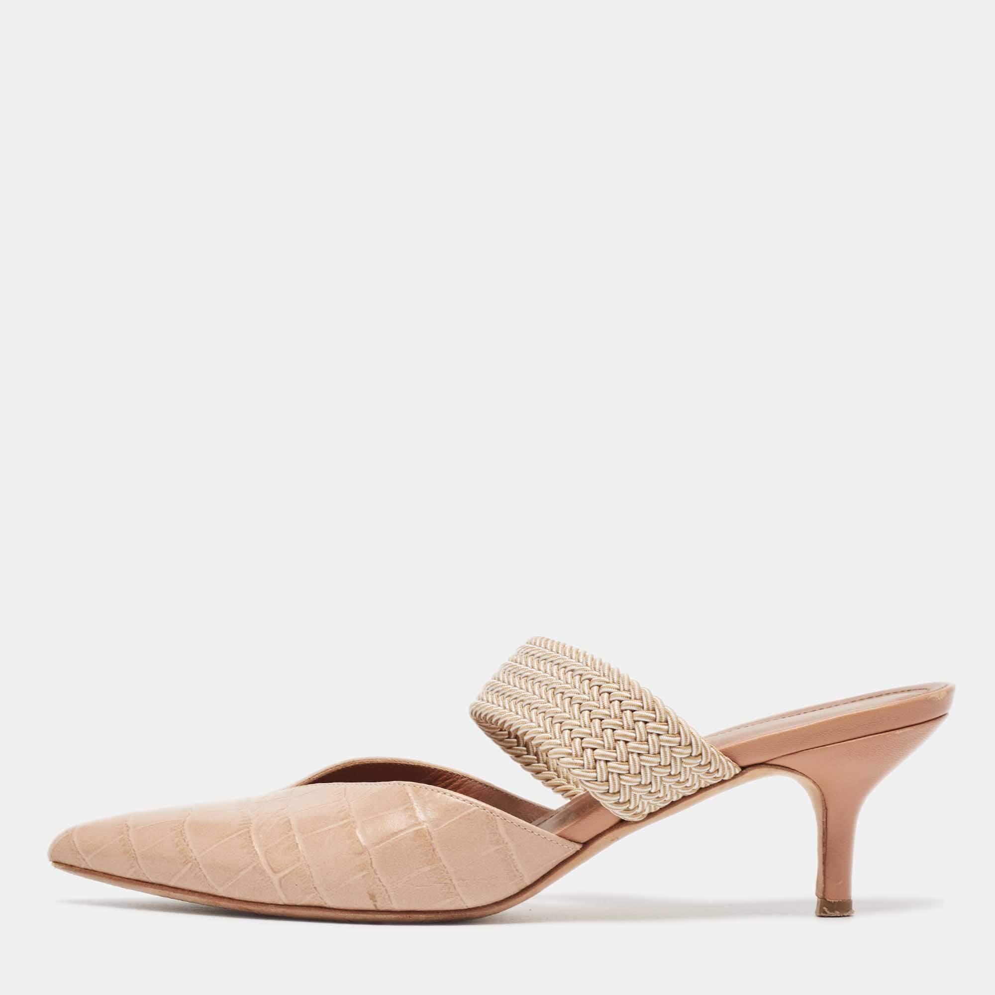 Pre Owned Malone Souliers Beige Croc Embossed Maisie Mules Size 38
