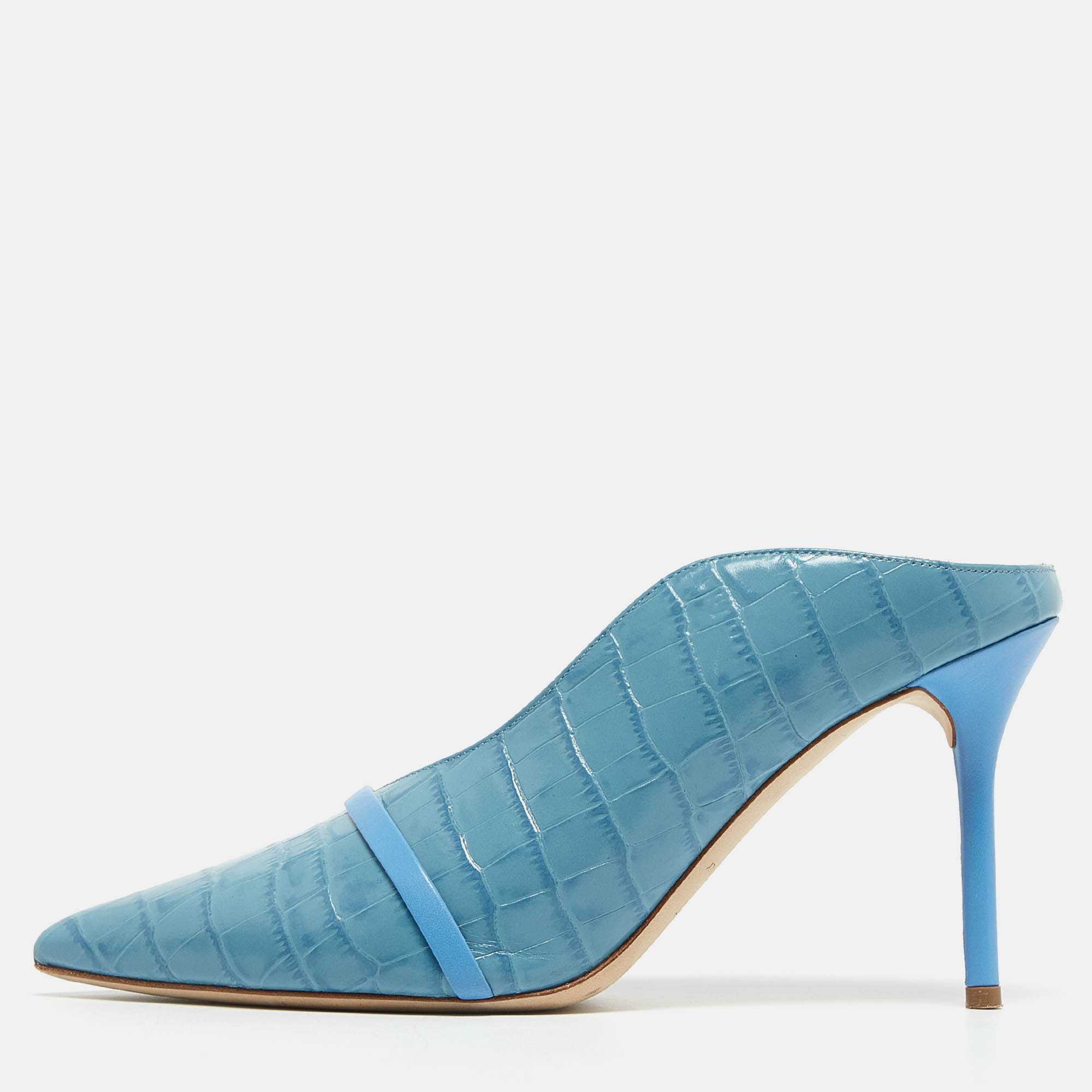 Pre Owned Malone Souliers Blue Croc Embossed Maureen Mules Size 40