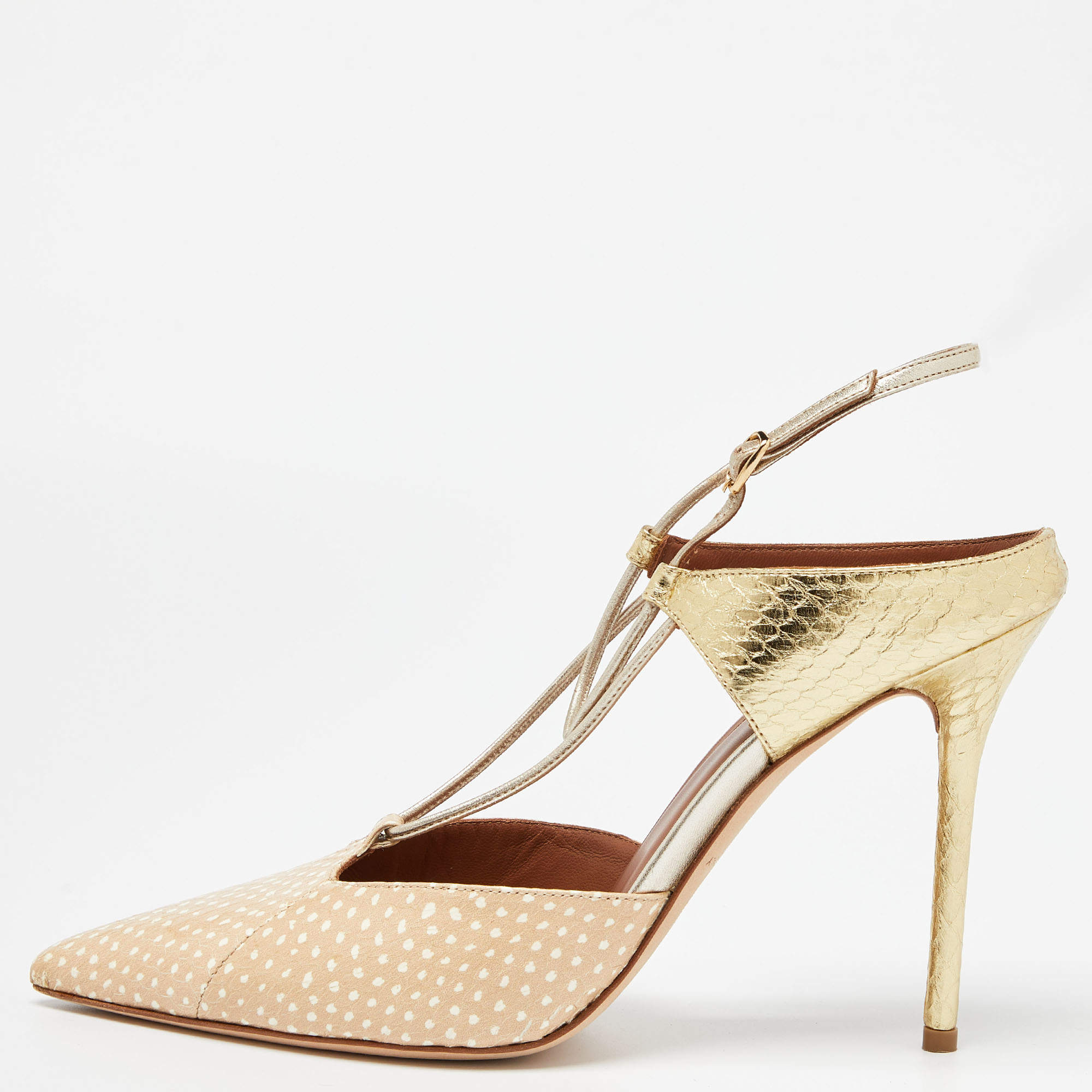 Pre Owned Malone Souliers Beige/Gold Printed Leather and Embossed Python Daria Pumps Size 40
