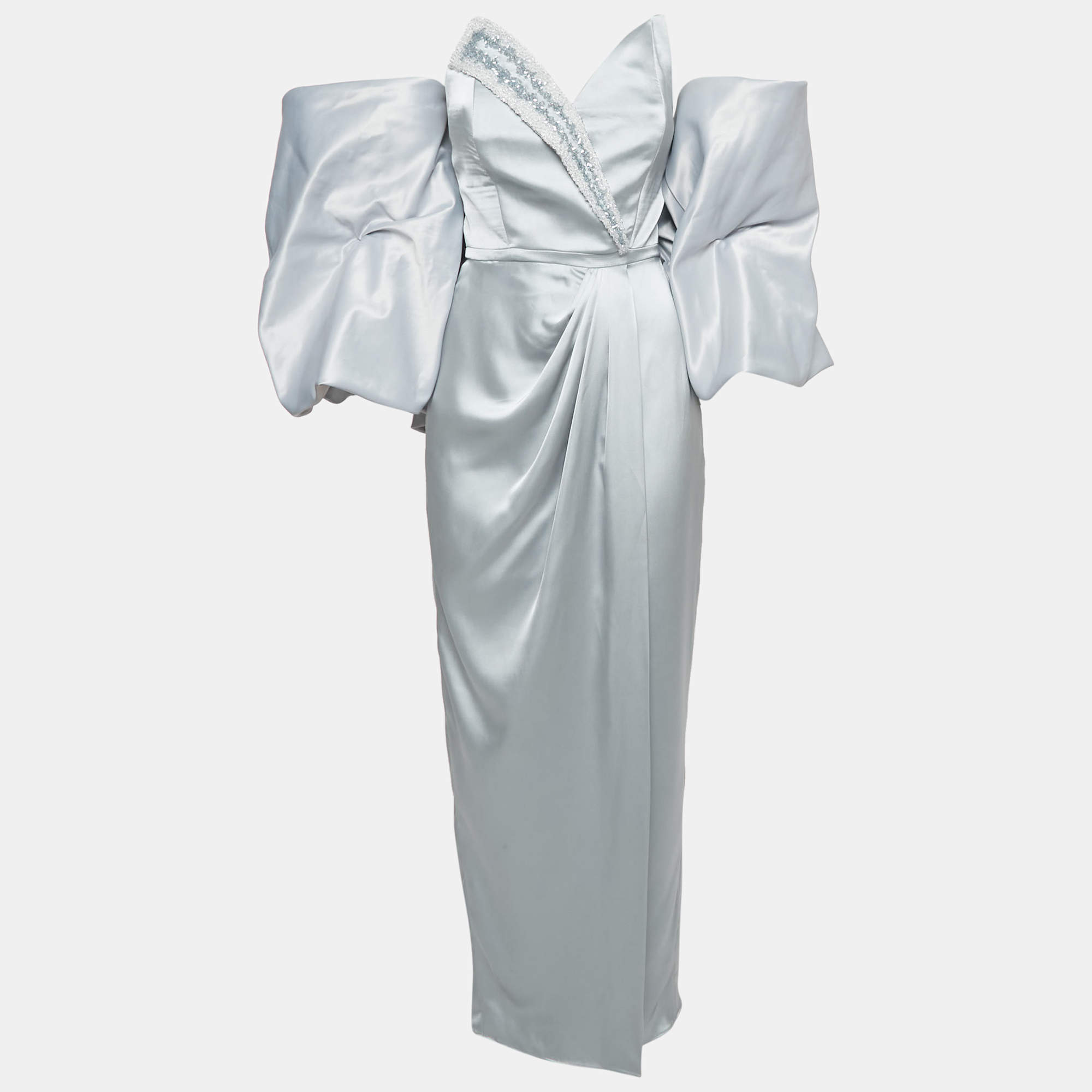 Manel Silver Grey Embellished Satin Off-Shoulder Baroque Rania Dress S