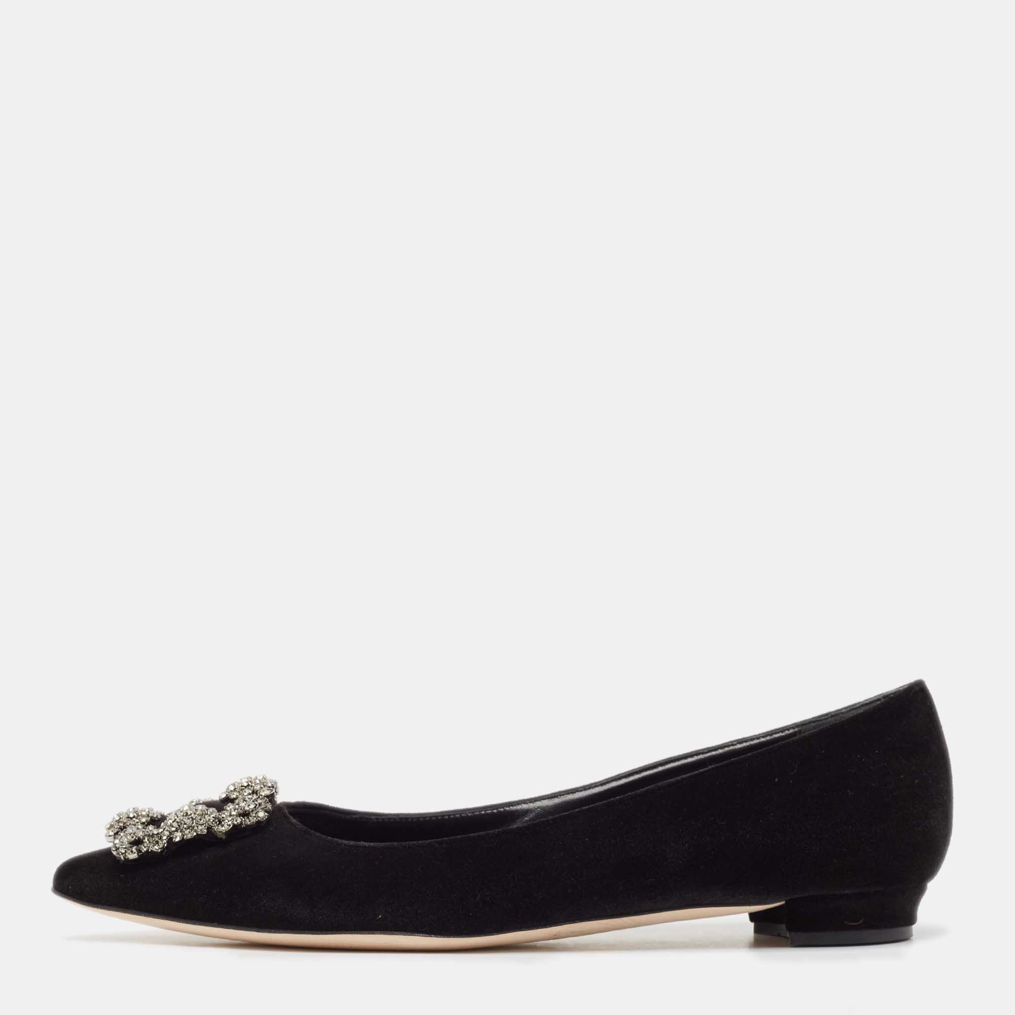 Pre Owned Manolo Blahnik Black Velvet Hangisi Ballet Flats Size 38.5