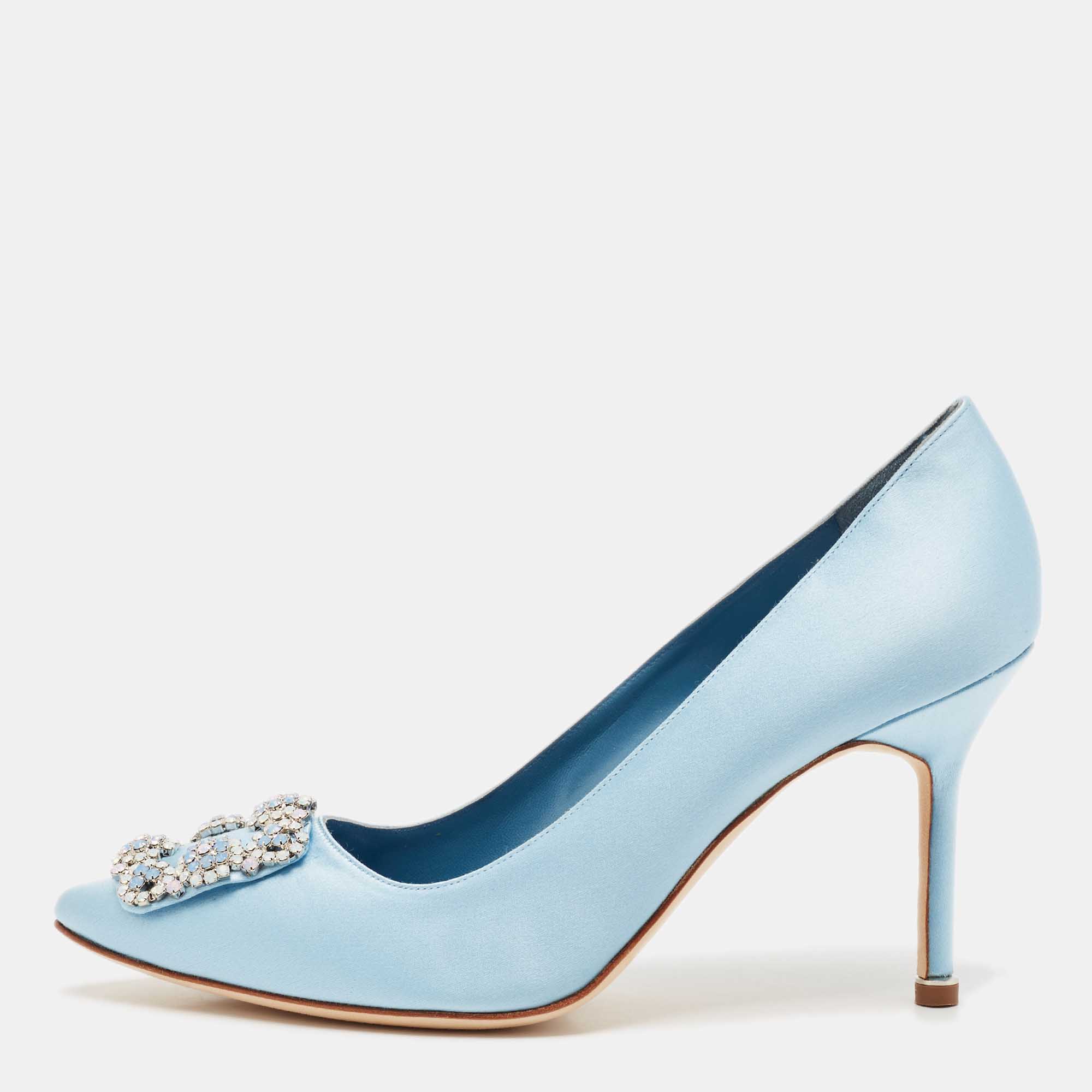 Pre Owned Manolo Blahnik Blue Satin Hangisi Opal Pumps Size 39