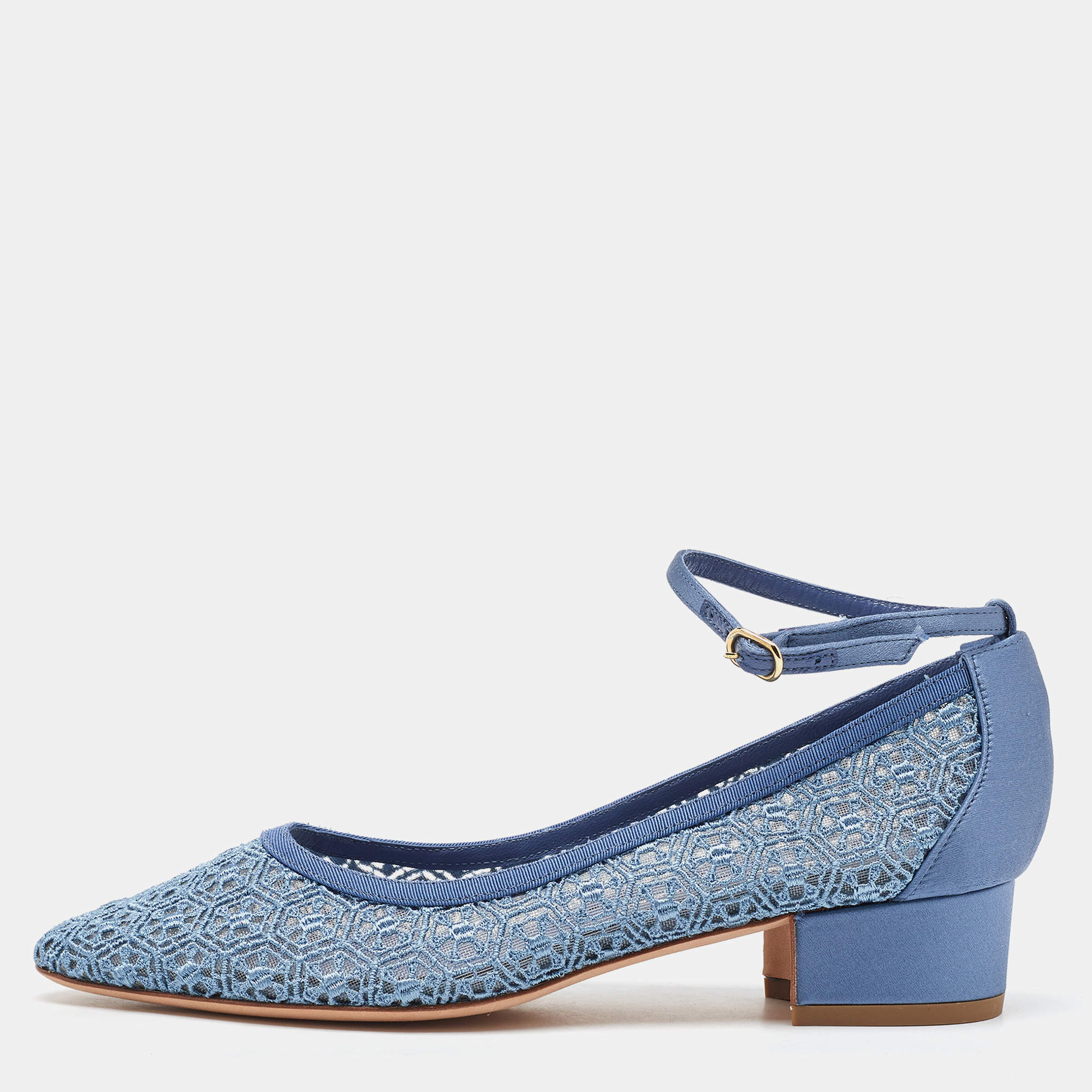 Manolo Blahnik Blue Satin and Lace Listana Block Heel Ankle Strap Pumps Size 36