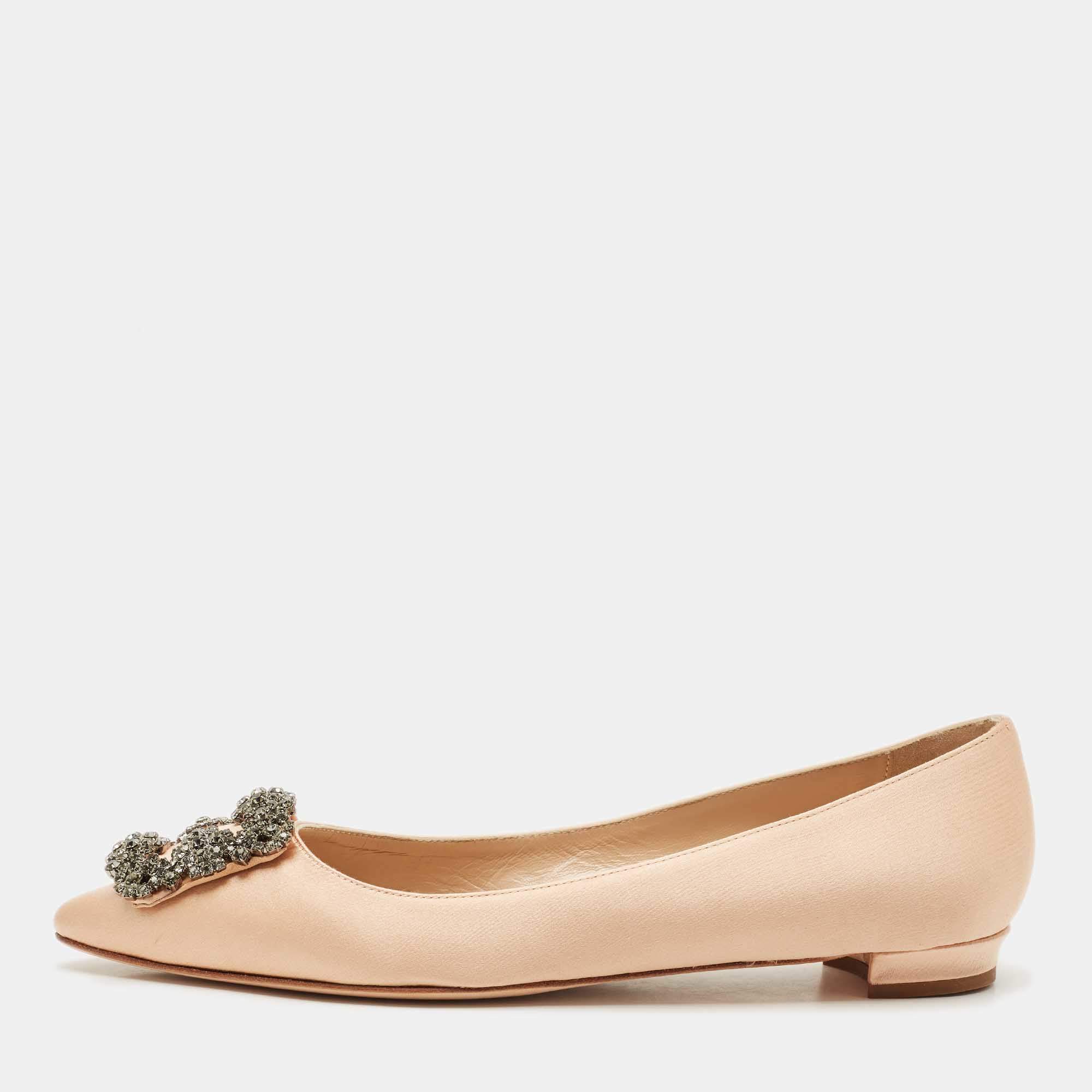 Pre Owned Manolo Blahnik Peach Satin Hangisi Ballet Flats Size 38.5