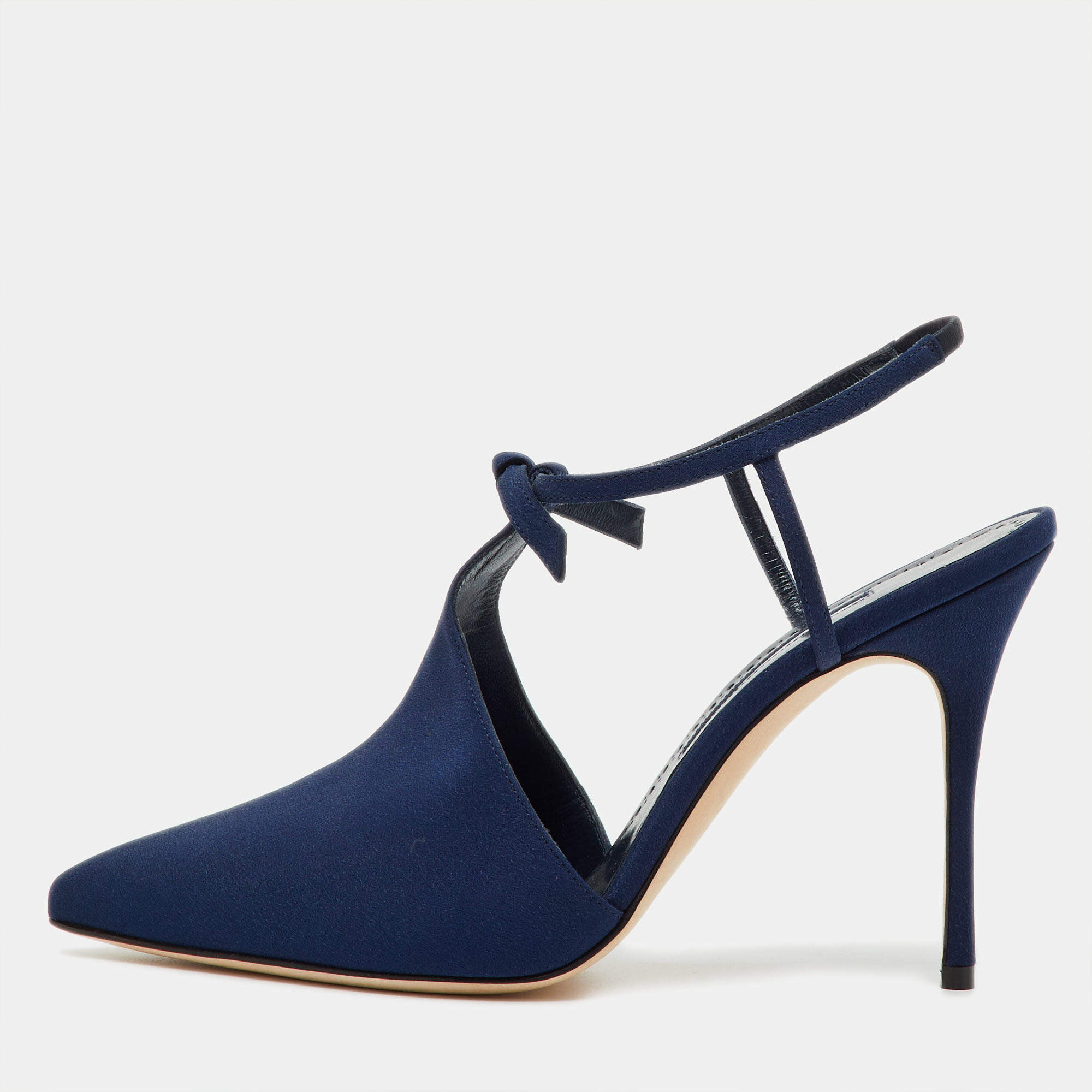 Pre Owned Manolo Blahnik Navy Blue Fabric Corintia Bow Pointed Toe Slingback Mules Size 38.5