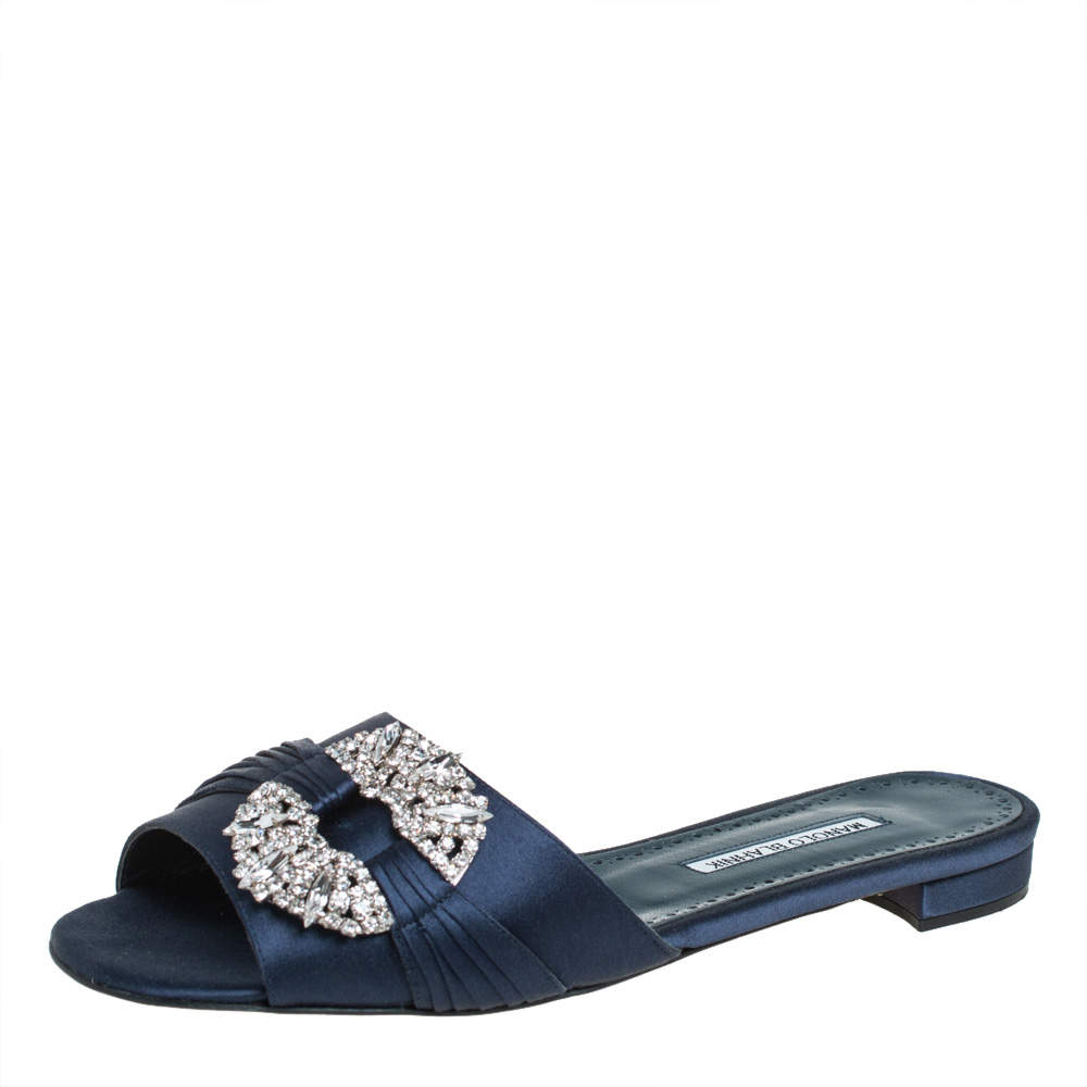 Pre Owned Manolo Blahnik Navy Blue Satin Embellished Pralina Flat Slides Size 39.5