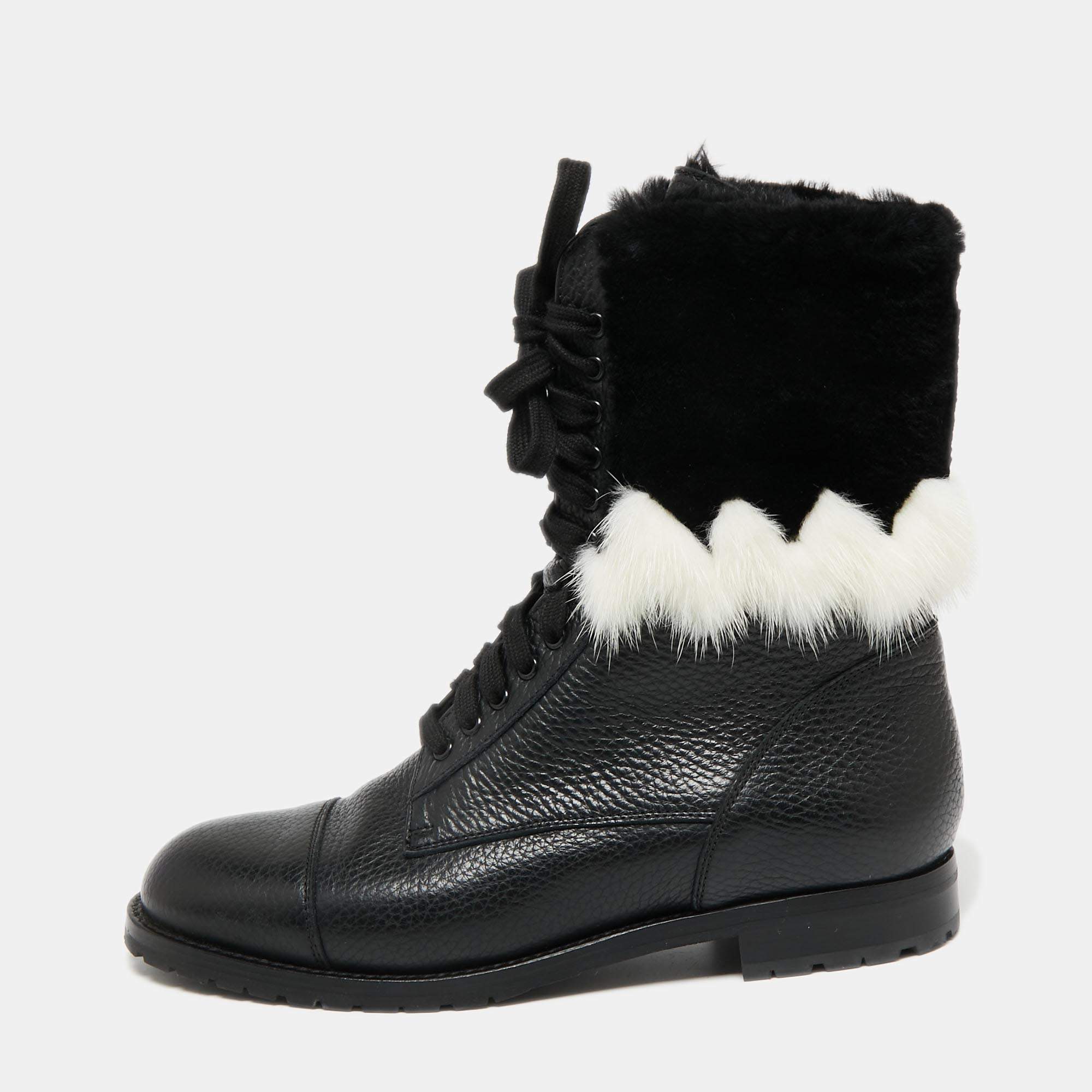 Manolo Blahnik Black/White Leather and Fur Ankle Boots Size 36.5