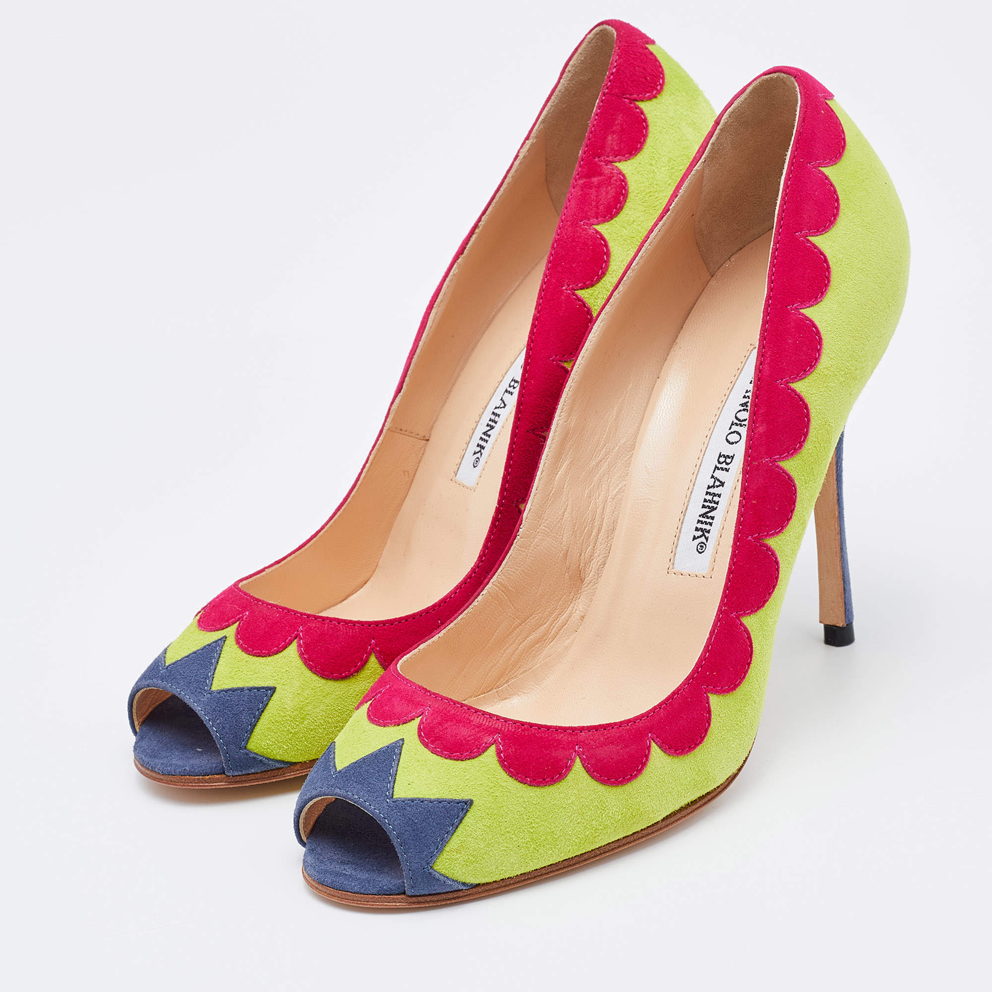 Manolo Blahnik Multicolor Suede Peep Toe Pumps Size 37