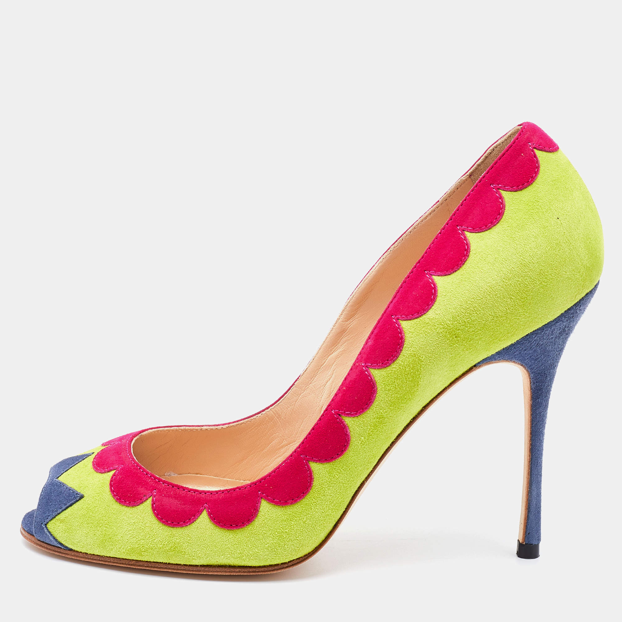 Pre Owned Manolo Blahnik Multicolor Suede Peep Toe Pumps Size 37