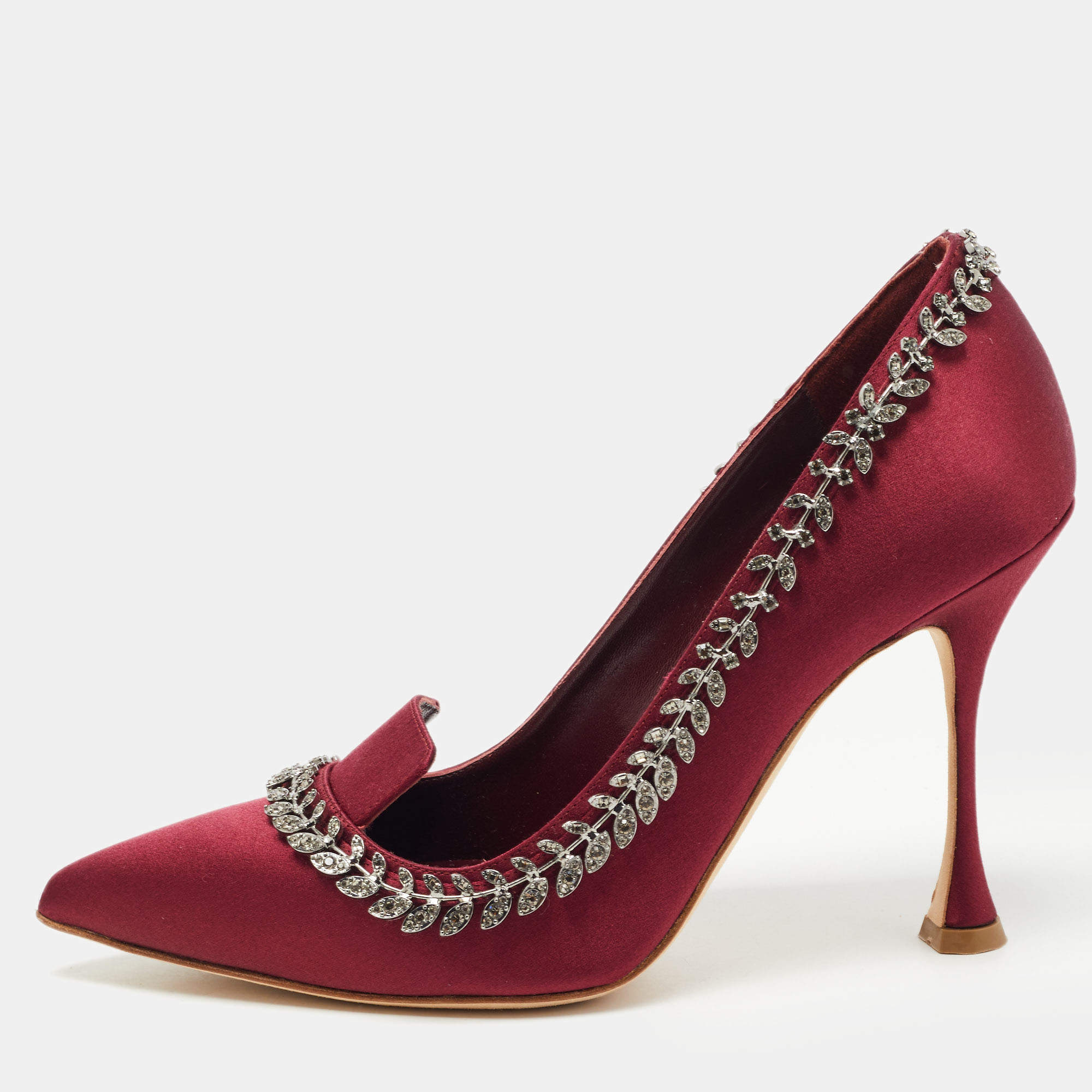 Pre Owned Manolo Blahnik Burgundy Satin Borlak Pumps Size 38.5