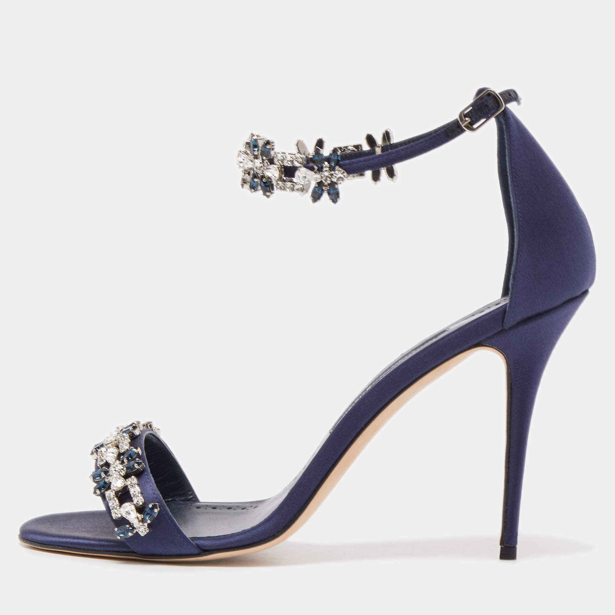 Manolo Blahnik Navy Blue Satin Firadou Sandals Size 41