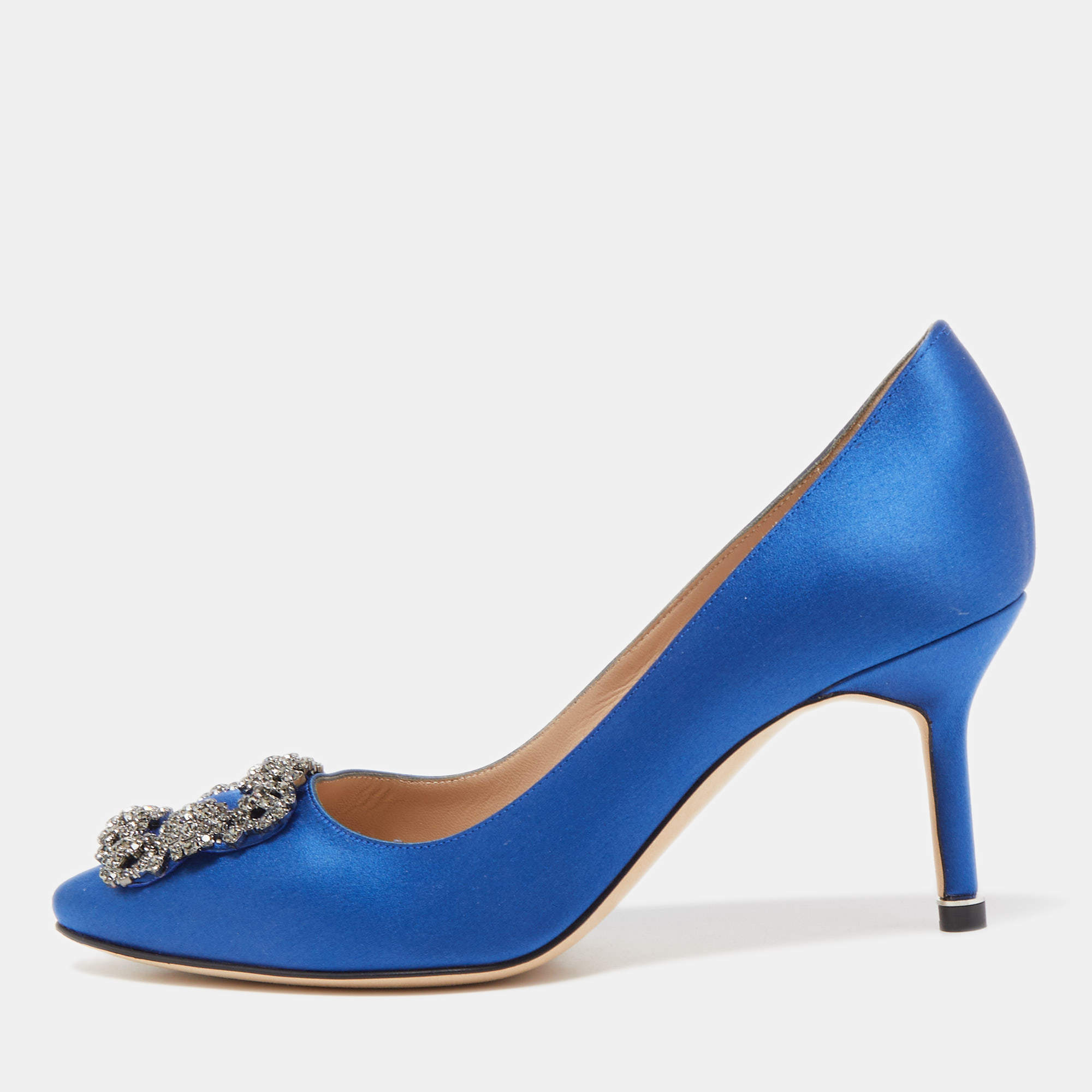 Pre Owned Manolo Blahnik Blue Satin Hangisi Crystal Embellished Pumps Size 36.5