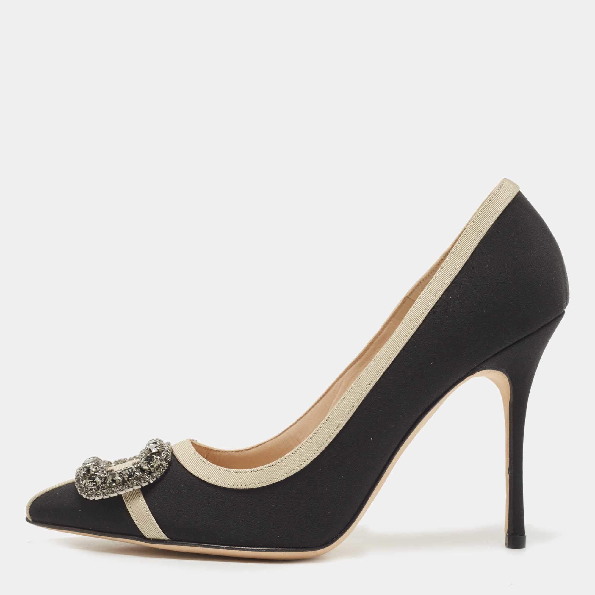 Pre Owned Manolo Blahnik Black/Beige Fabric Gotrian Pumps Size 36.5