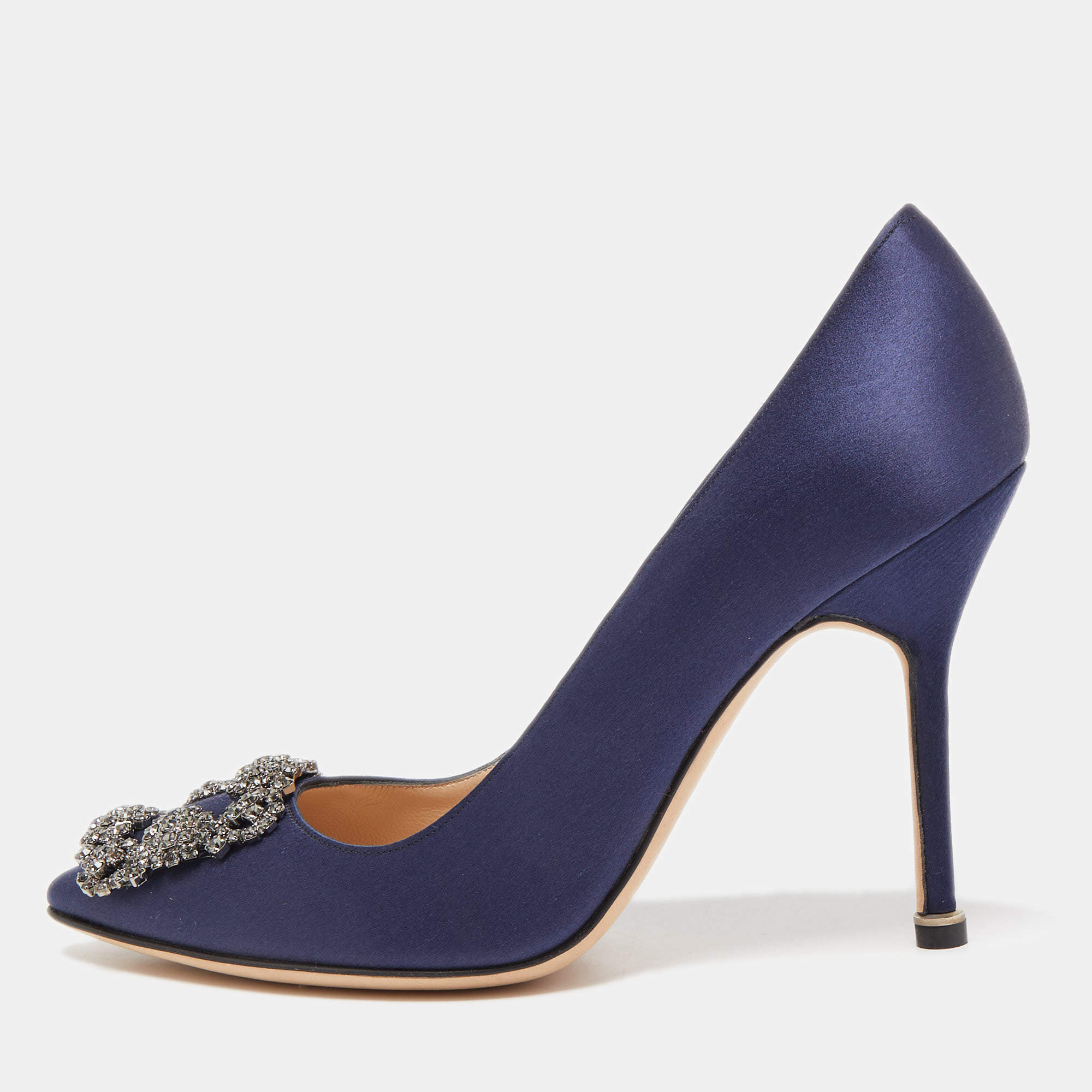 Manolo Blahnik Navy Blue Satin Hangisi Pumps Size 36.5