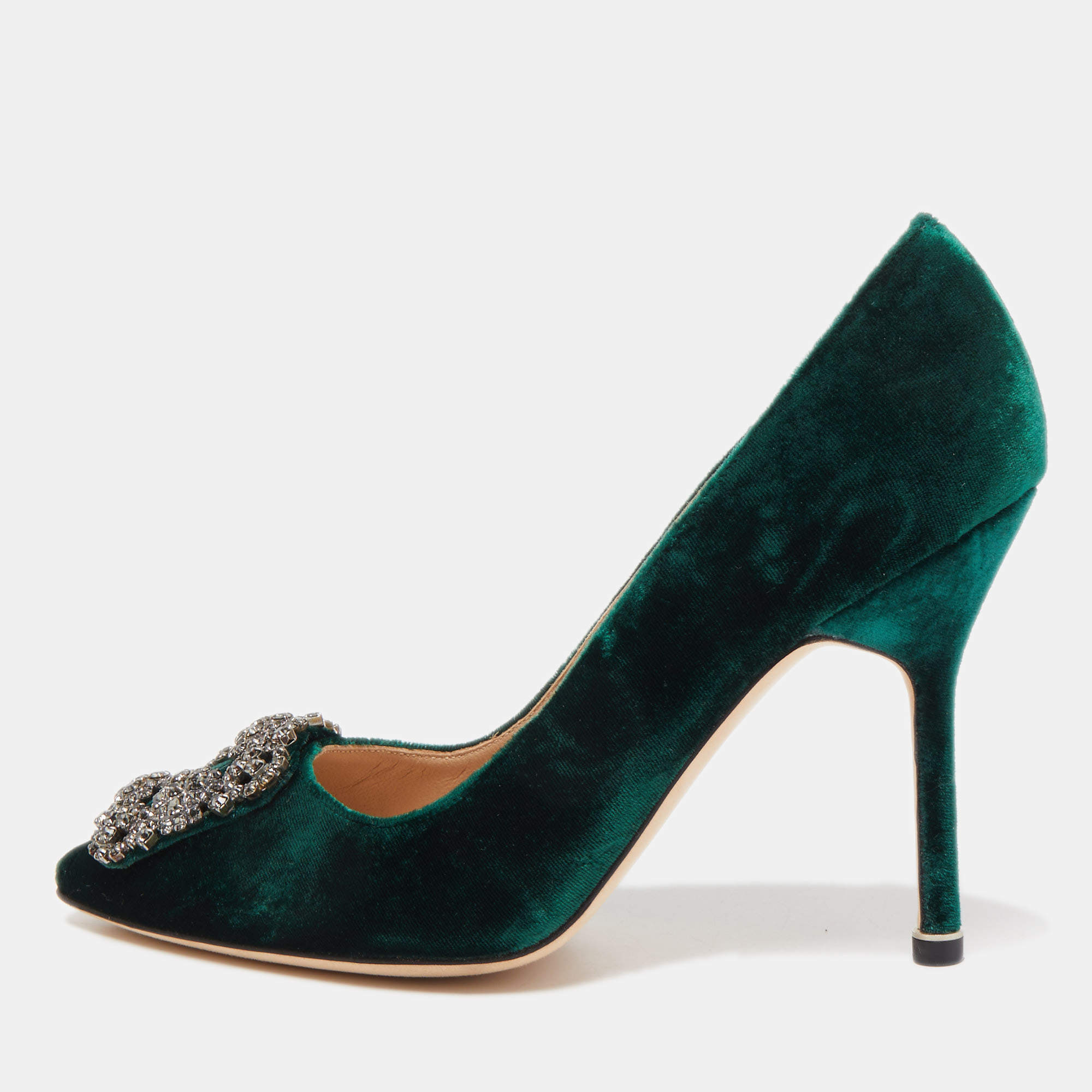 Pre Owned Manolo Blahnik Green Velvet Hangisi Crystal Embellished Pointed Toe Pumps Size 36.5
