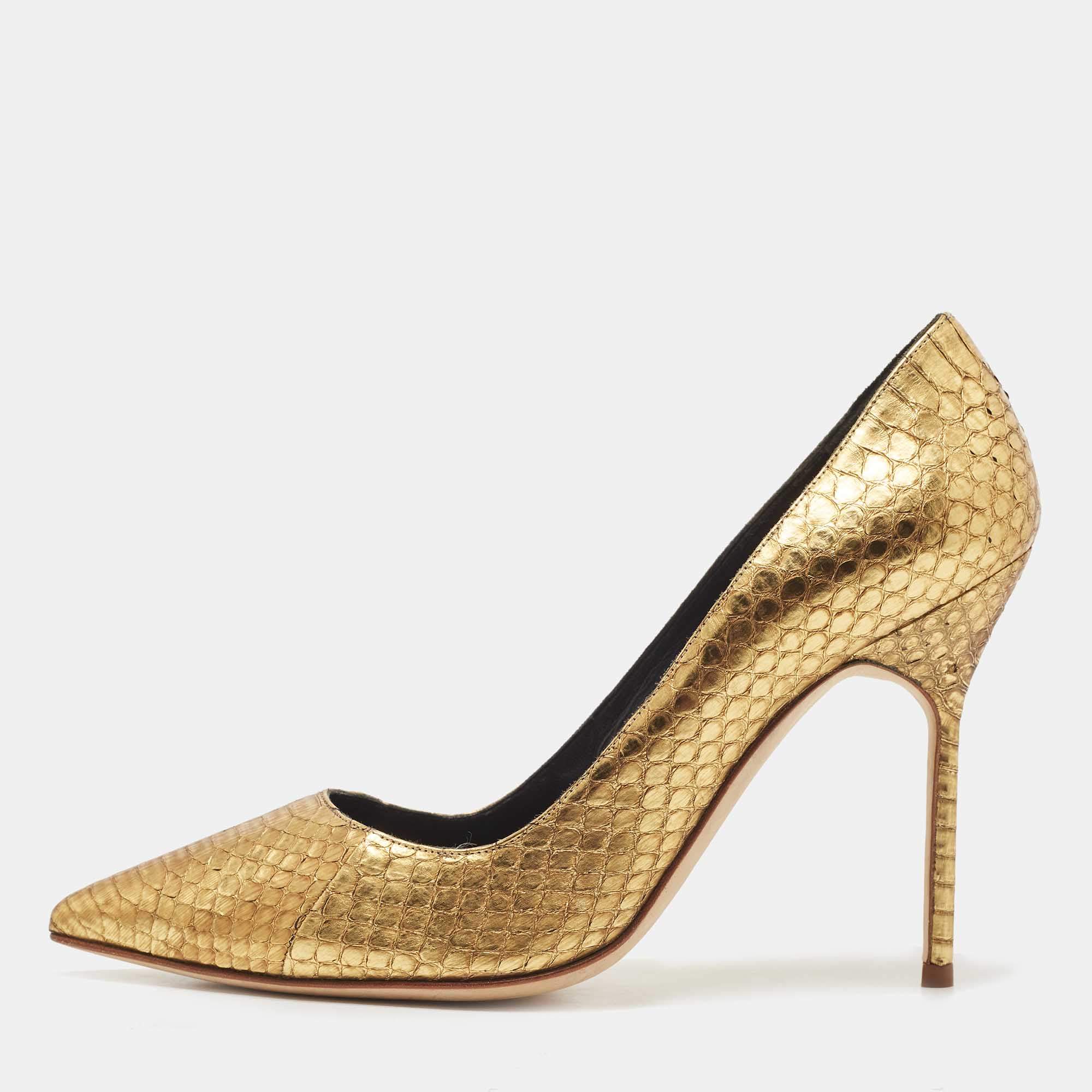 Pre Owned Manolo Blahnik Gold Python BB Pumps Size 36
