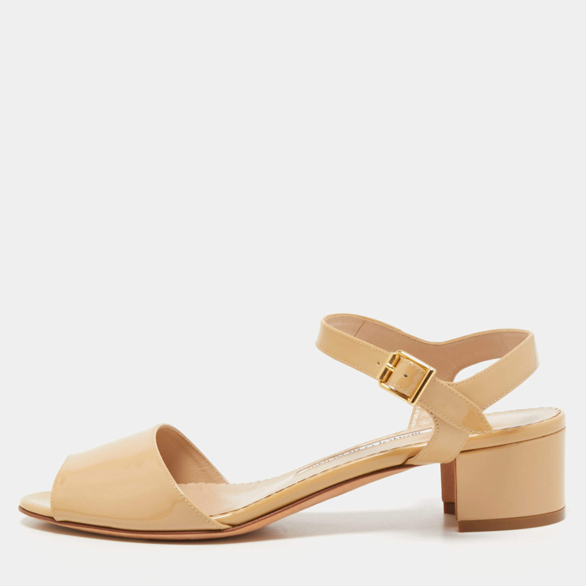 Pre Owned Manolo Blahnik Beige Patent Leather Ankle Strap Sandals Size 37.5