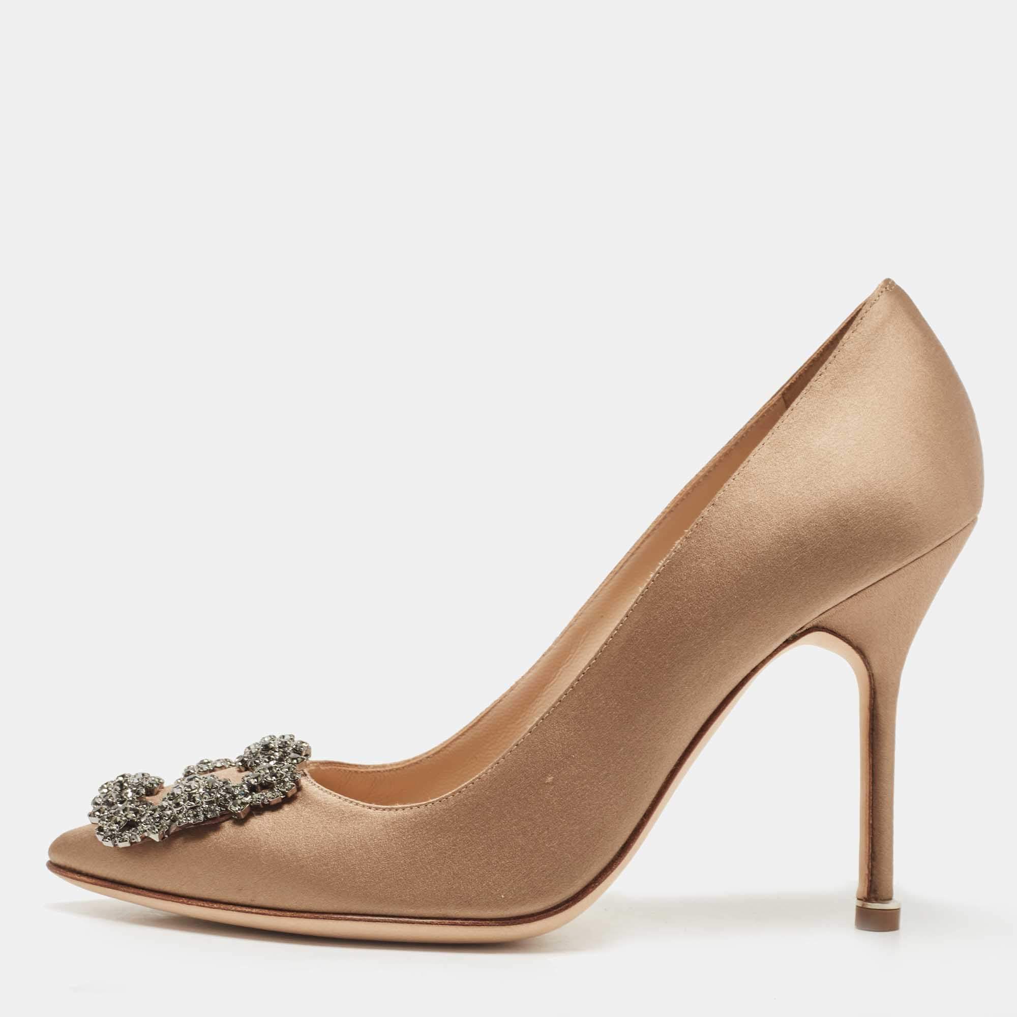 Pre Owned Manolo Blahnik Brown Satin Hangisi Pumps Size 36.5