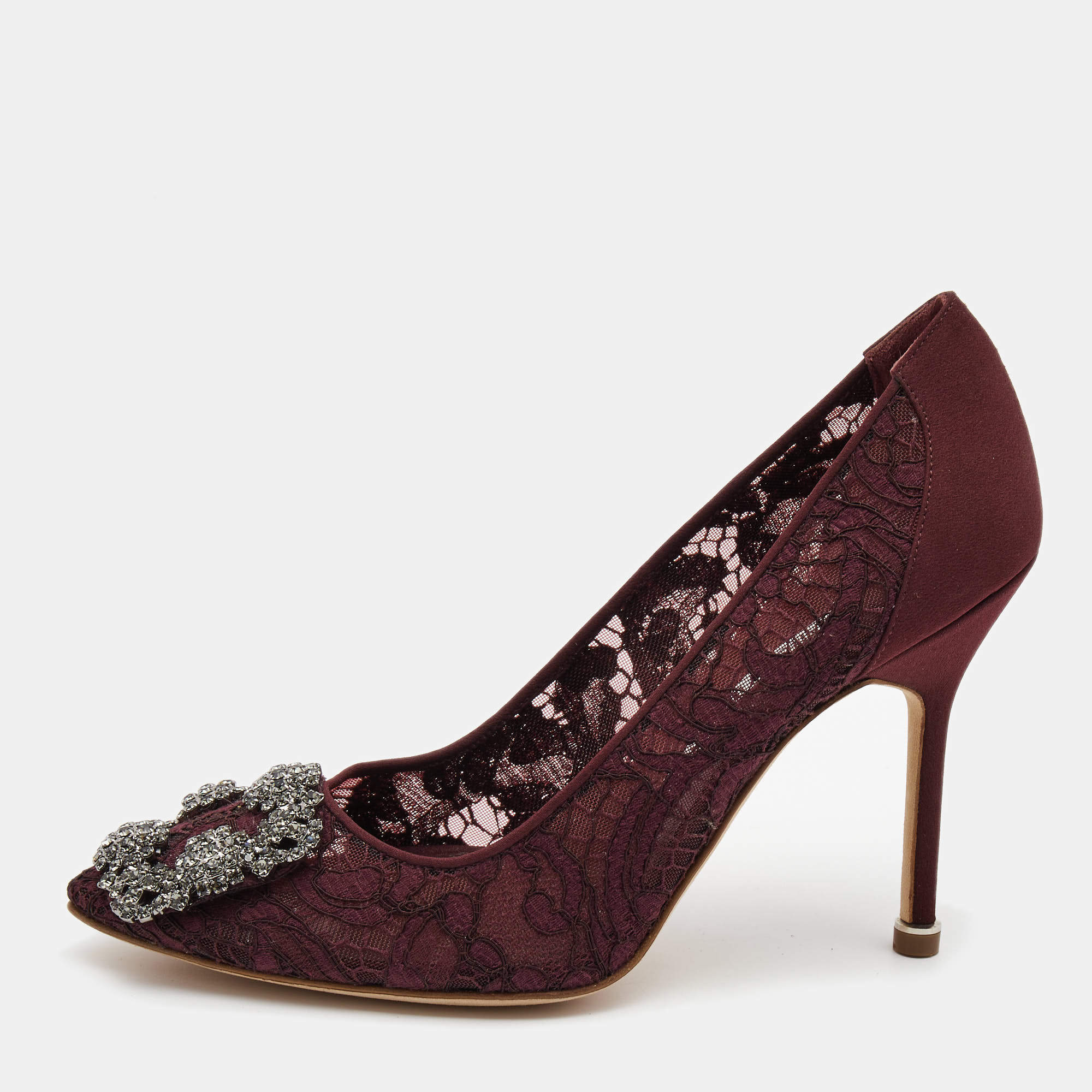 Pre Owned Manolo Blahnik Burgundy Lace Hangisi Pumps Size 36