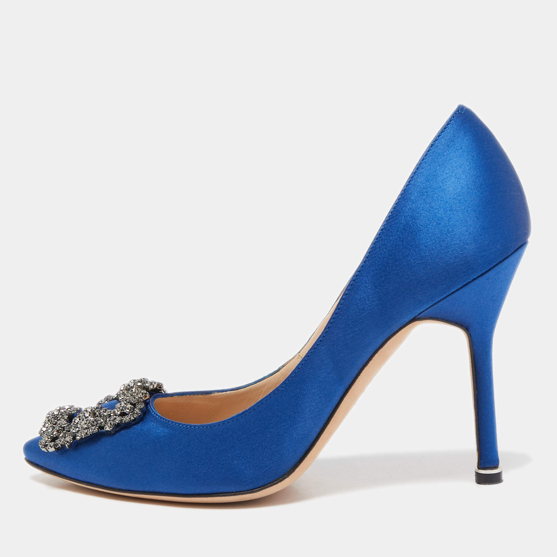 Pre Owned Manolo Blahnik Blue Satin Hangisi Pumps Size 35.5