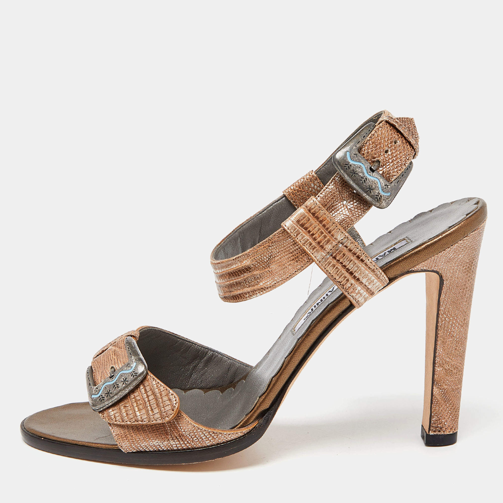 Pre Owned Manolo Blahnik Two Tone Embossed Lizard Ankle Strap Sandals Size 38.5