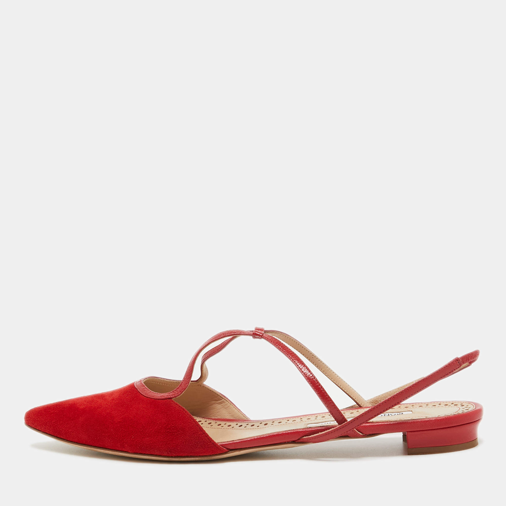Pre Owned Manolo Blahnik Red Suede Slingback Flats Size 41