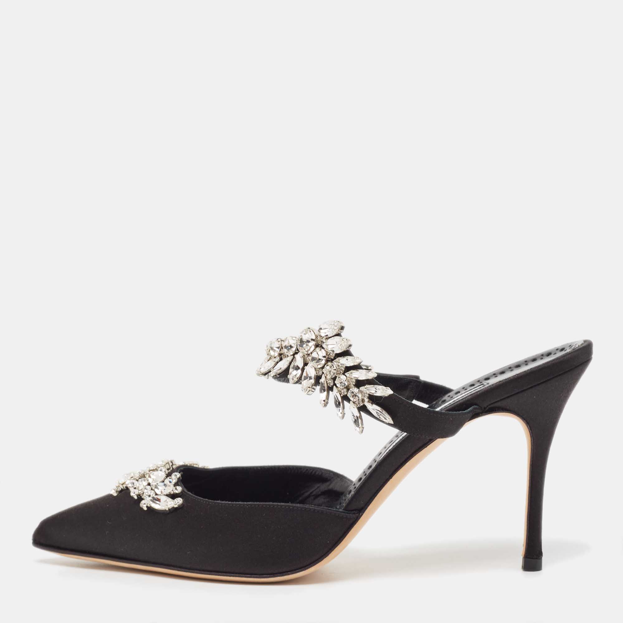 Manolo Blahnik Black Satin Lurum Mules Size 40.5
