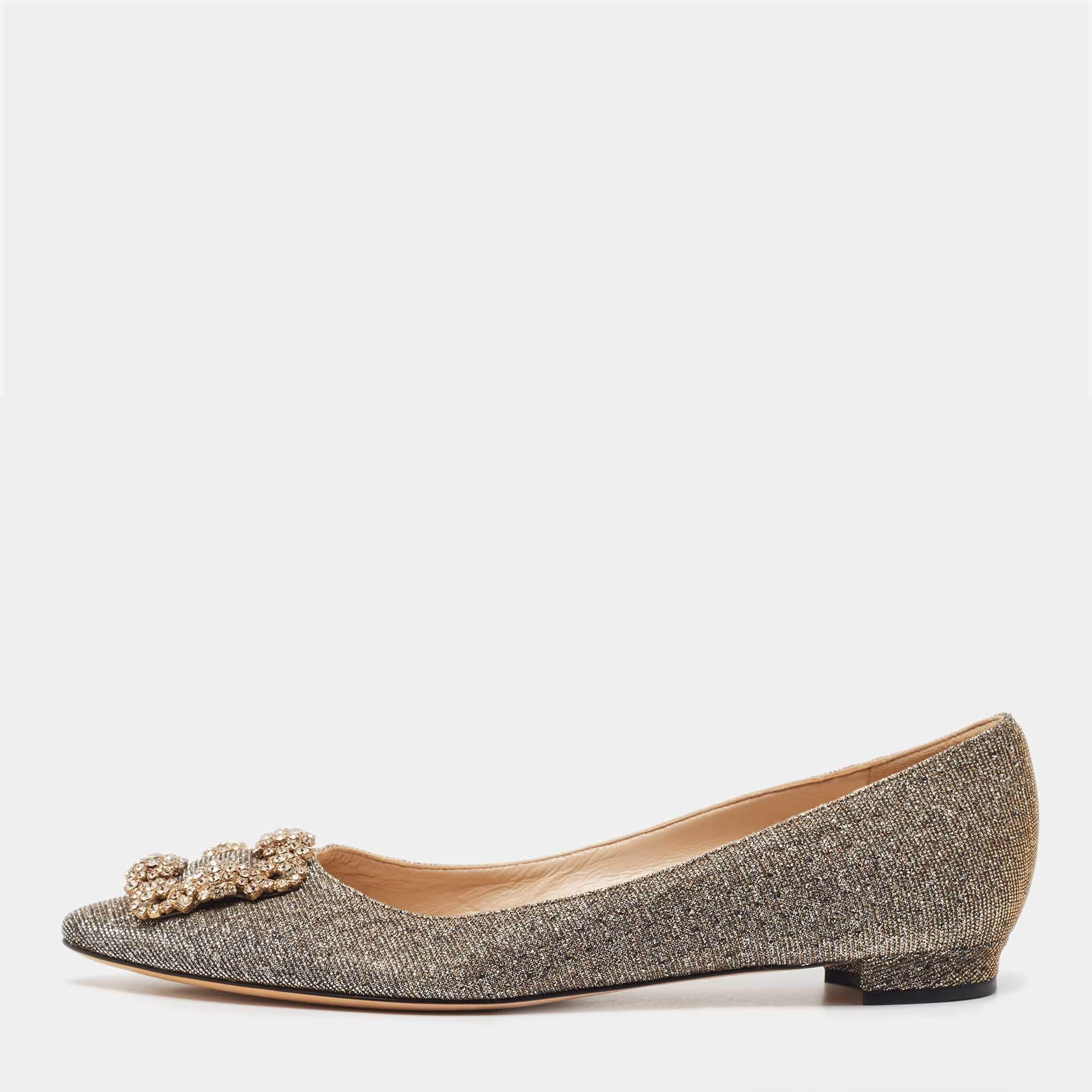 Pre Owned Manolo Blahnik Metallic Lurex Fabric Hangisi Ballet Flats Size 38.5