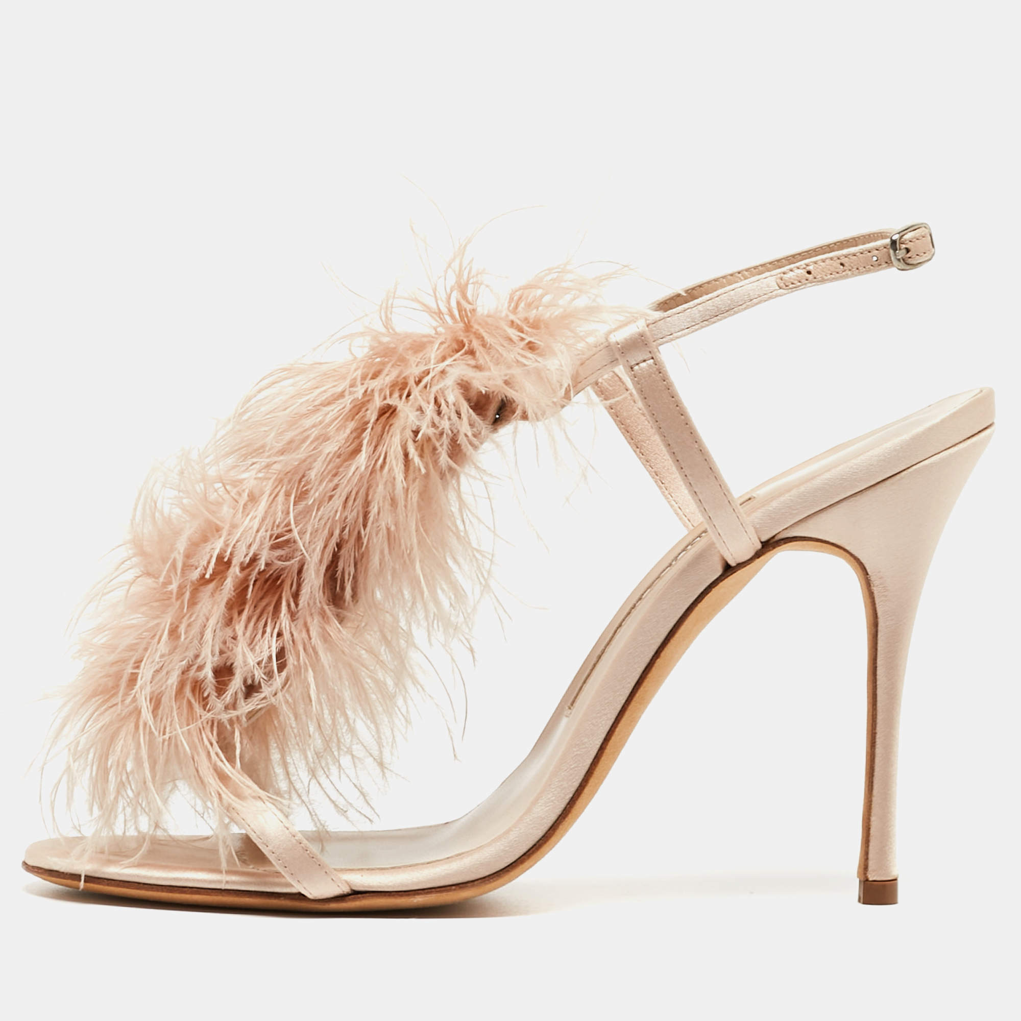 Pre Owned Manolo Blahnik Beige Satin and Fur Eila Ankle Wrap Sandals Size 38.5