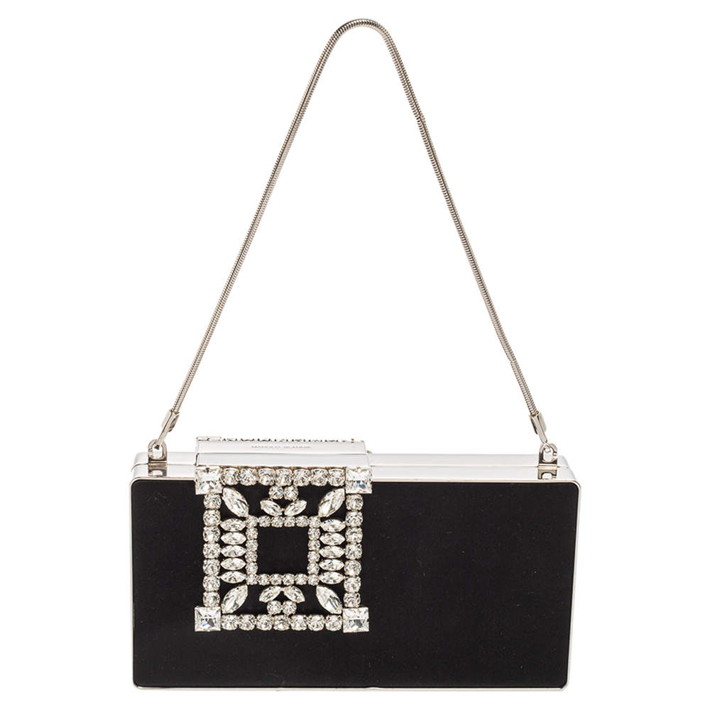 Manolo Blahnik Black Satin Laka Chain Clutch