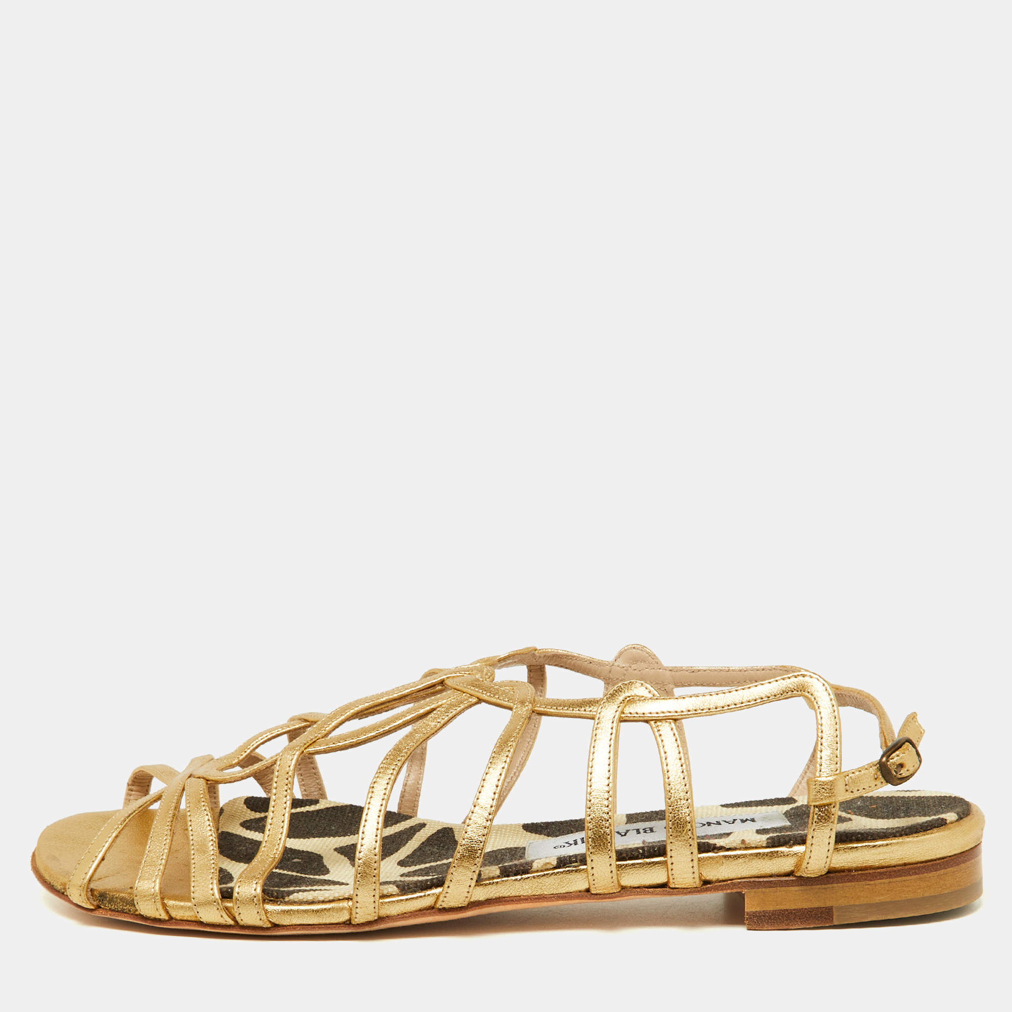 Pre Owned Manolo Blahnik Gold Leather Strappy Flat Sandals Size 38.5