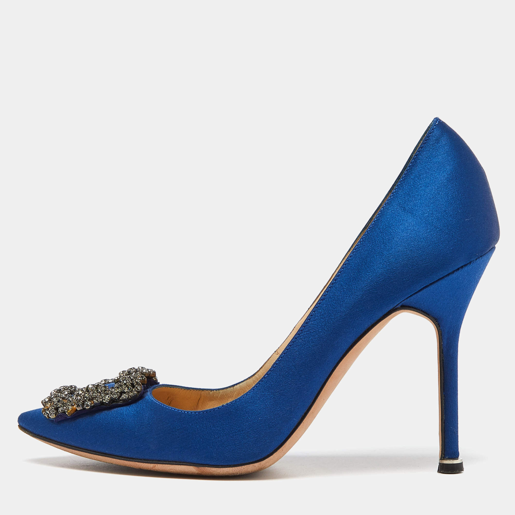 Pre Owned Manolo Blahnik Blue Satin Hangisi Pumps Size 38.5