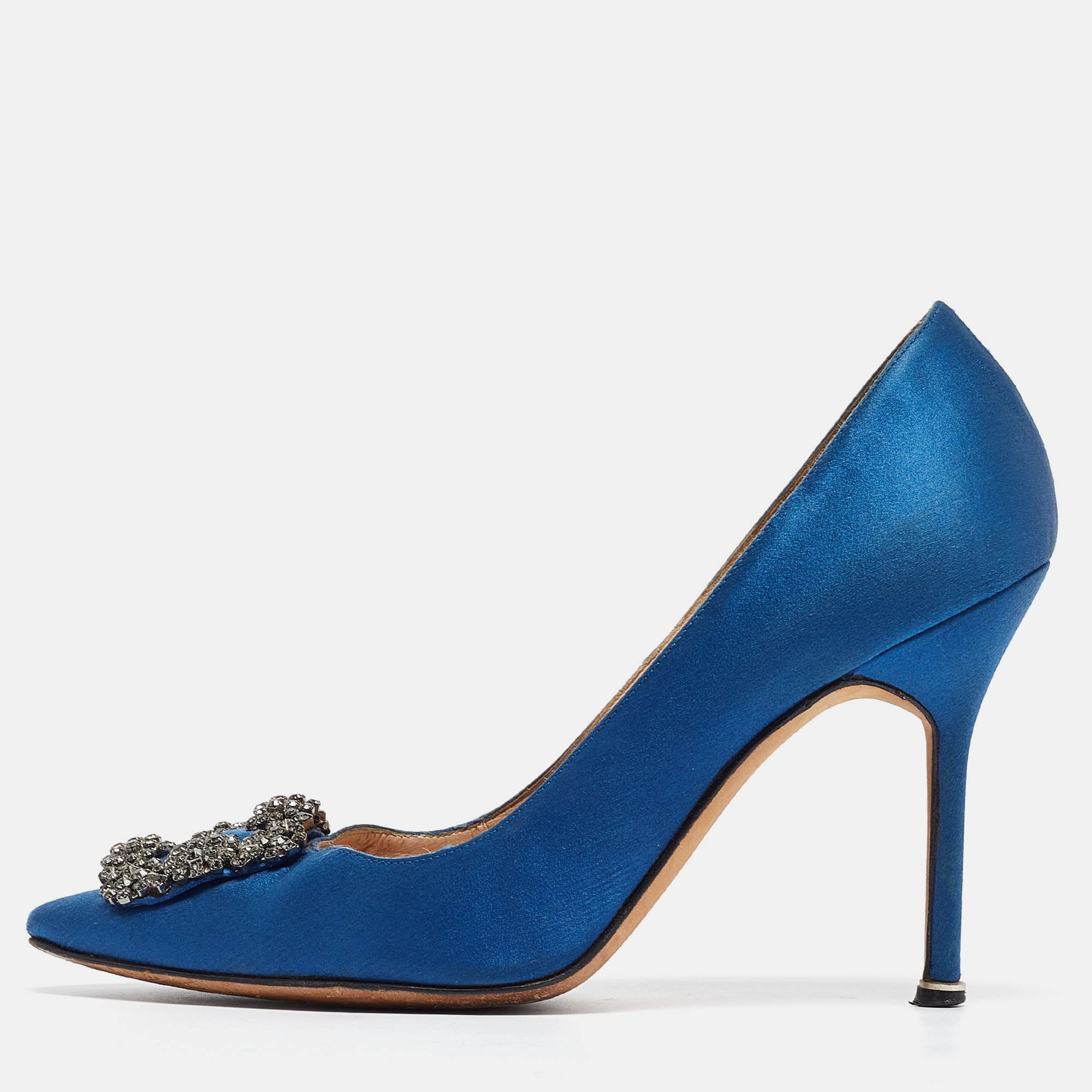 Pre Owned Manolo Blahnik Blue Satin Hangisi Pumps Size 39.5