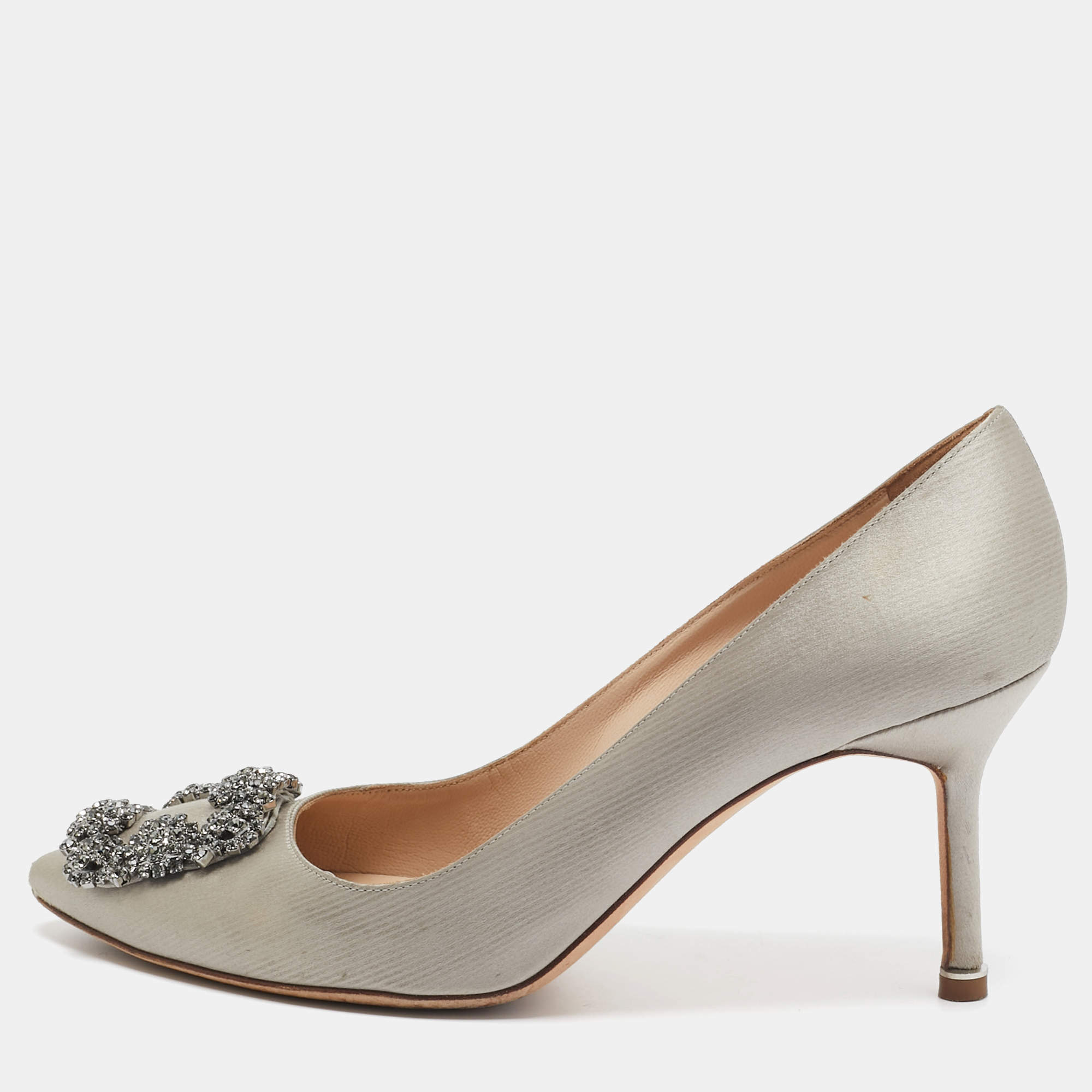 Pre Owned Manolo Blahnik Grey Satin Hangisi Pumps Size 38