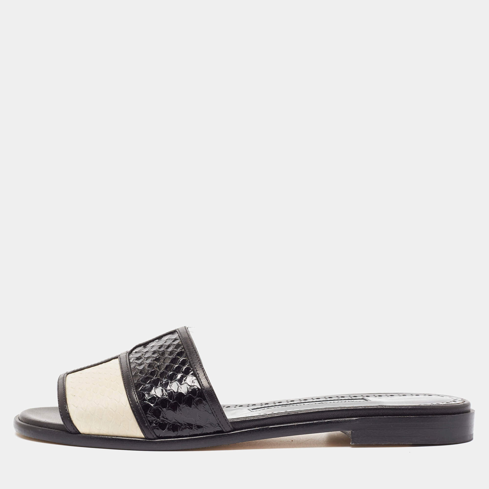 Manolo Blahnik Black/Cream Python Megacle Flat Slides Size 37.5