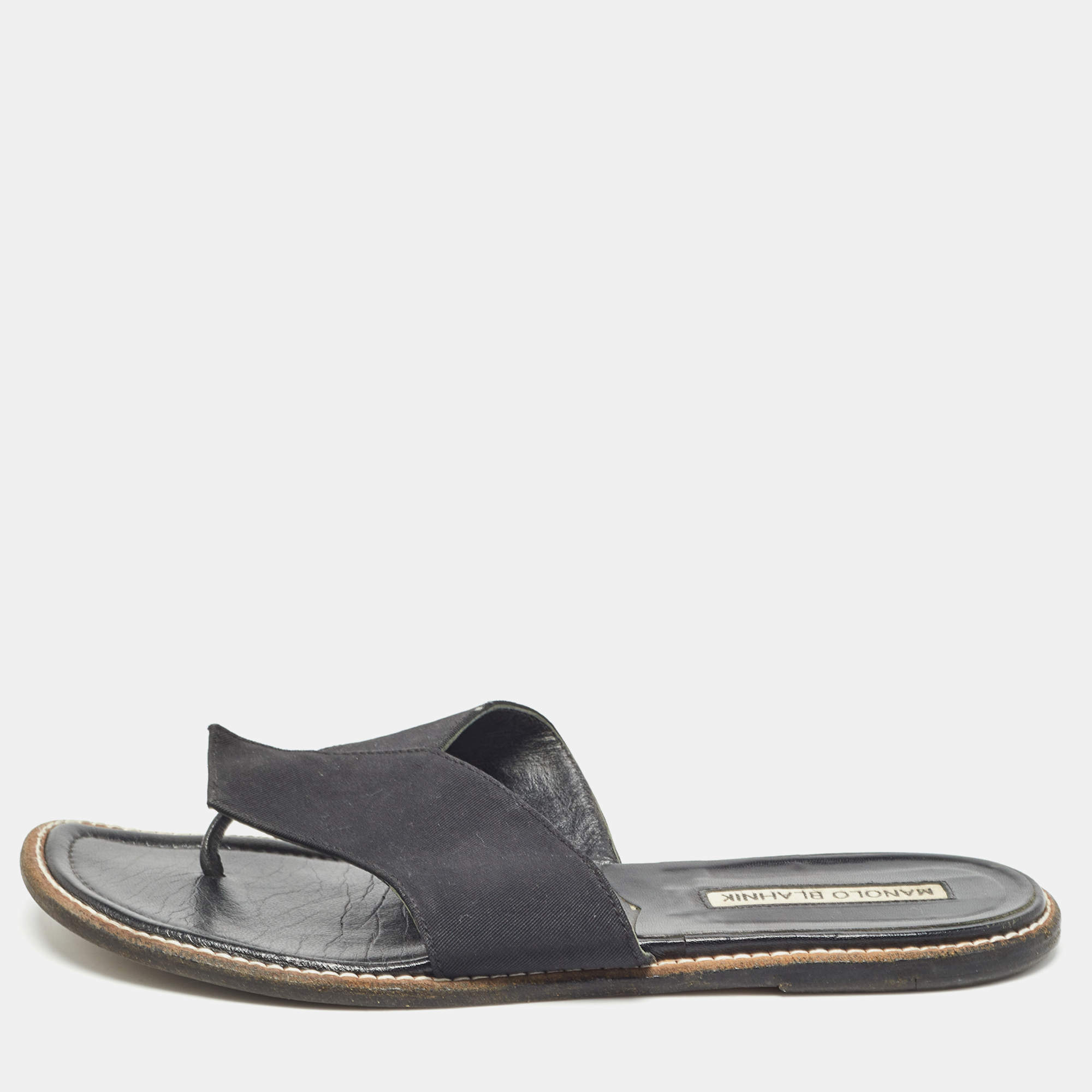 Manolo Blahnik Black Canvas Thong Flat Slides Size 37.5