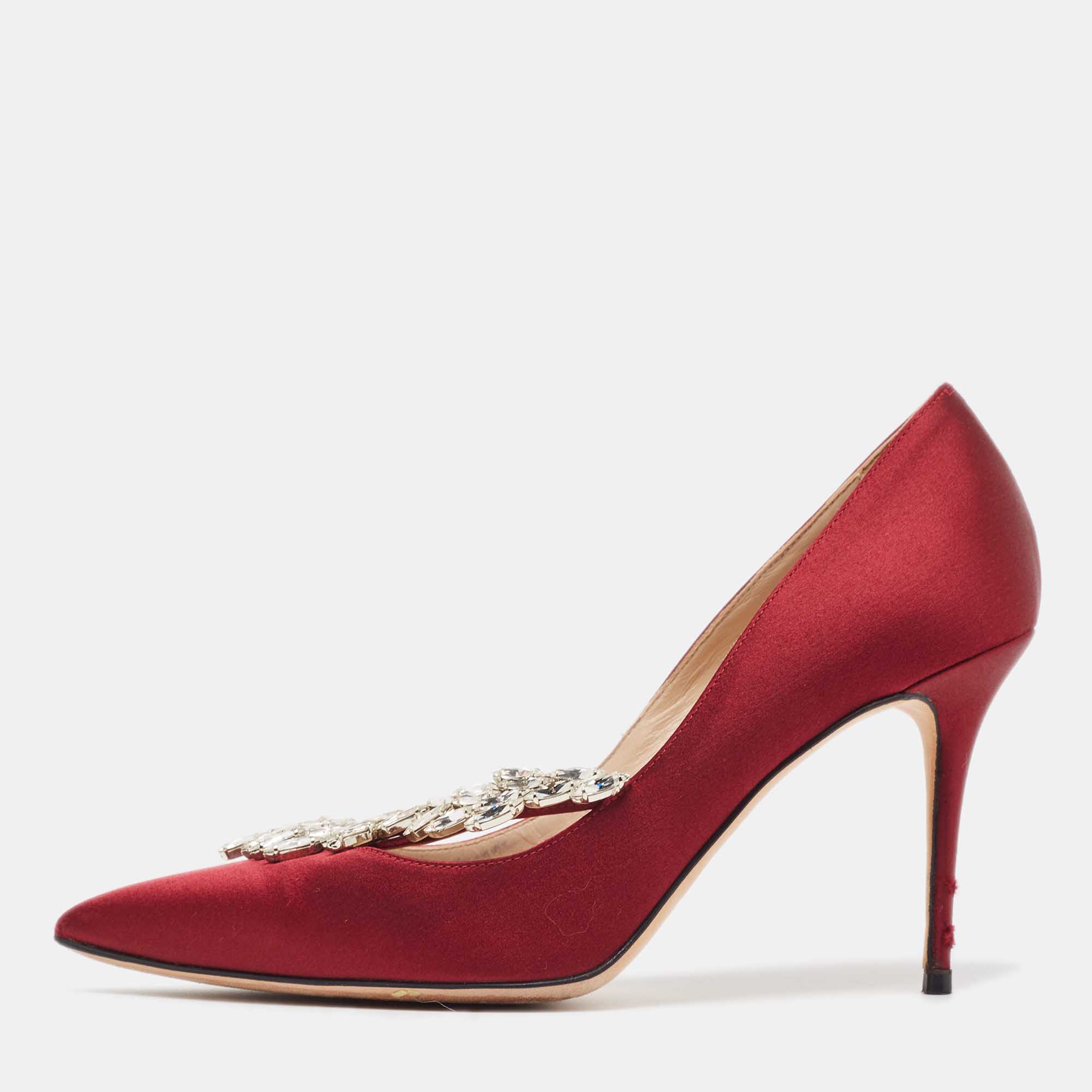 Pre Owned Manolo Blahnik Burgundy Satin Nadira Pumps Size 38