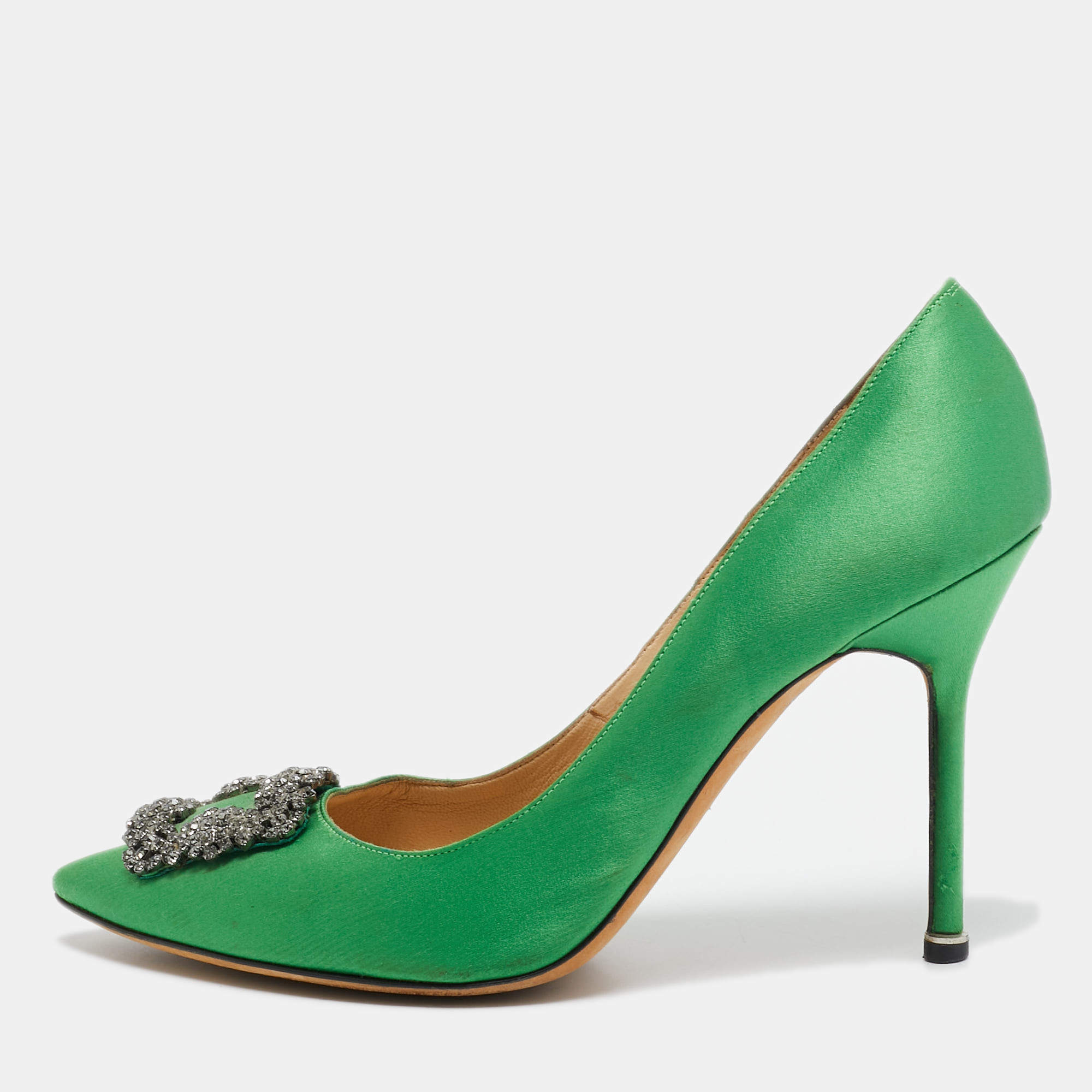Pre Owned Manolo Blahnik Green Satin Hangisi Pumps Size 42