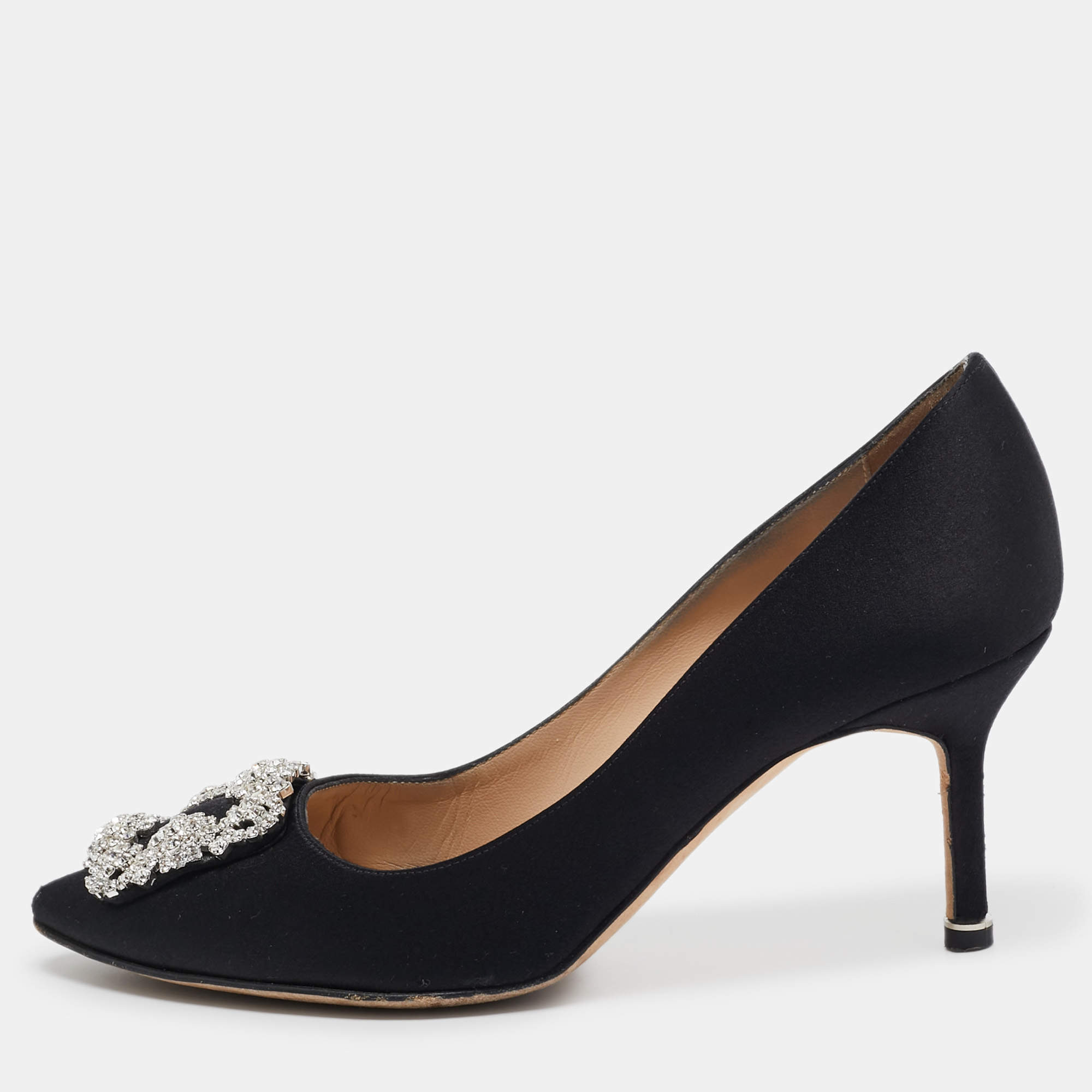 Manolo Blahnik Black Satin Hangisi Pumps Size 37.5