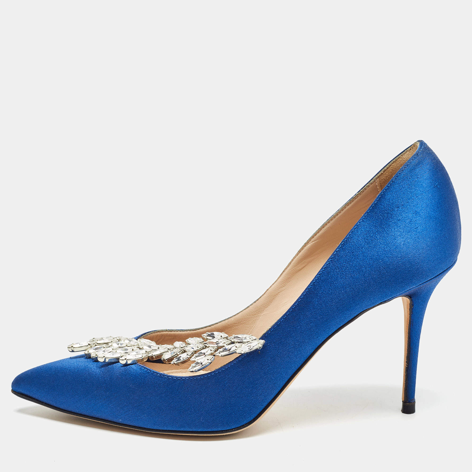 Pre Owned Manolo Blahnik Blue Satin Nadira Pumps Size 36.5