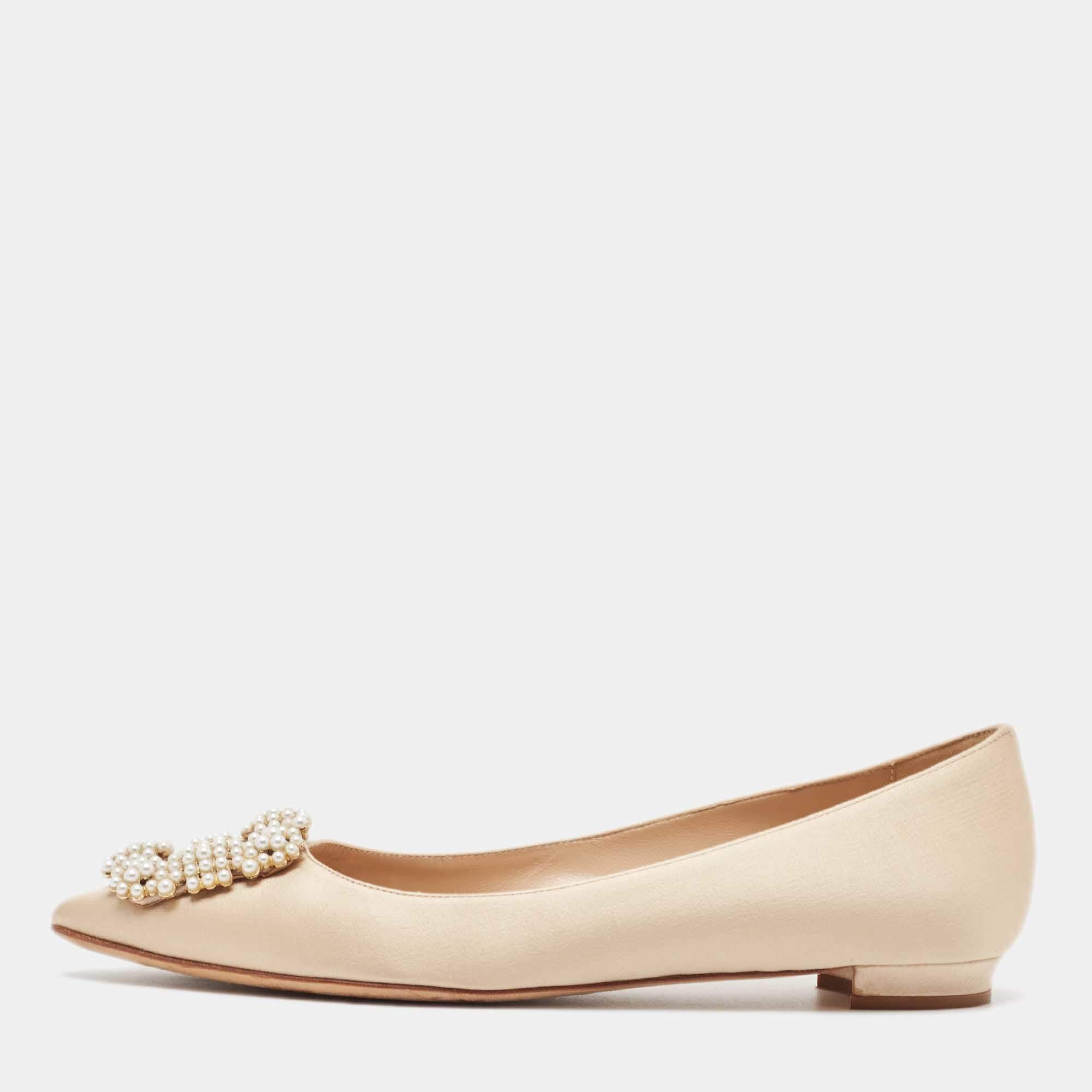Pre Owned Manolo Blahnik Beige Satin Hangisi Ballet Flats Size 37