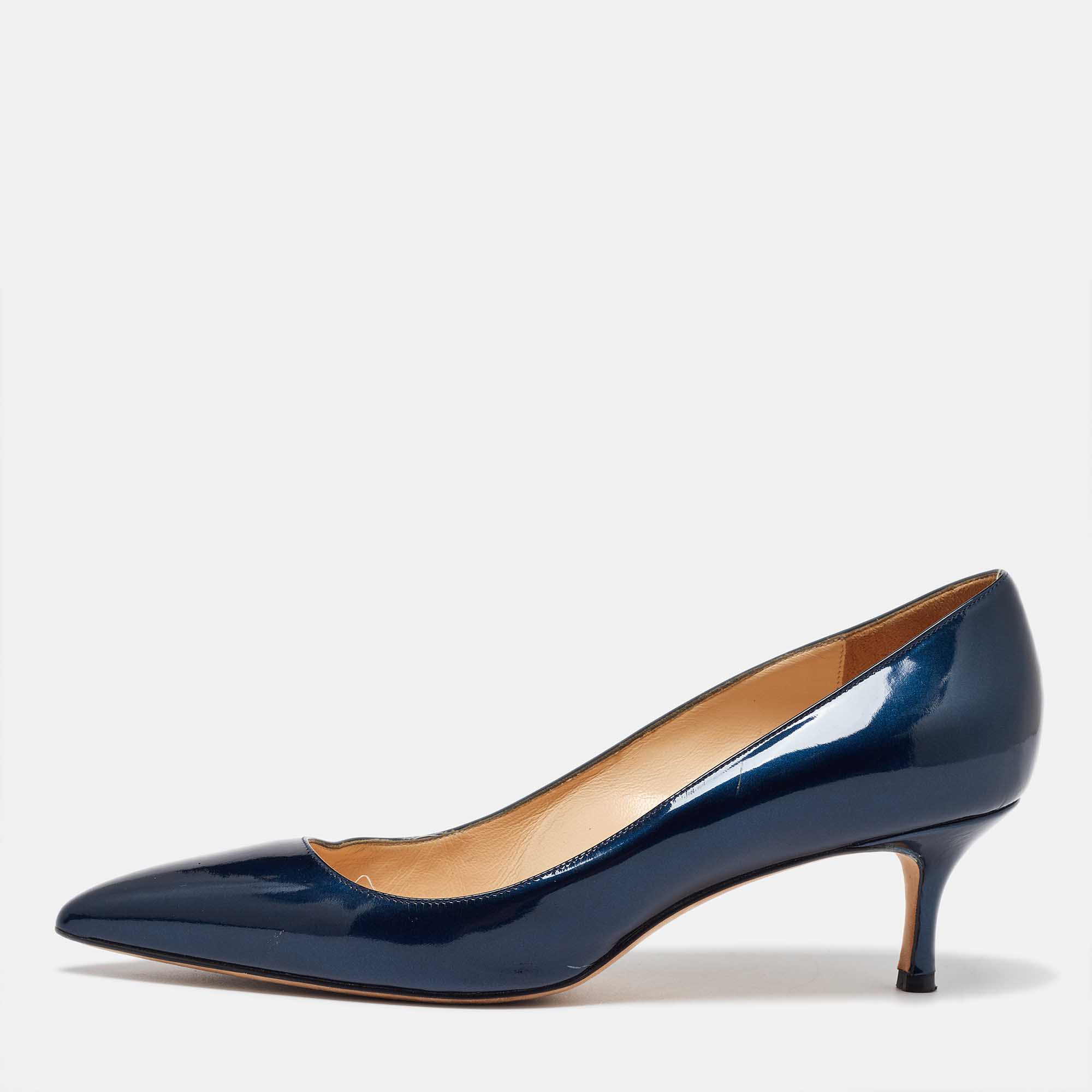 Manolo Blahnik Blue Patent Leather Pointed Toe Pumps Size 38
