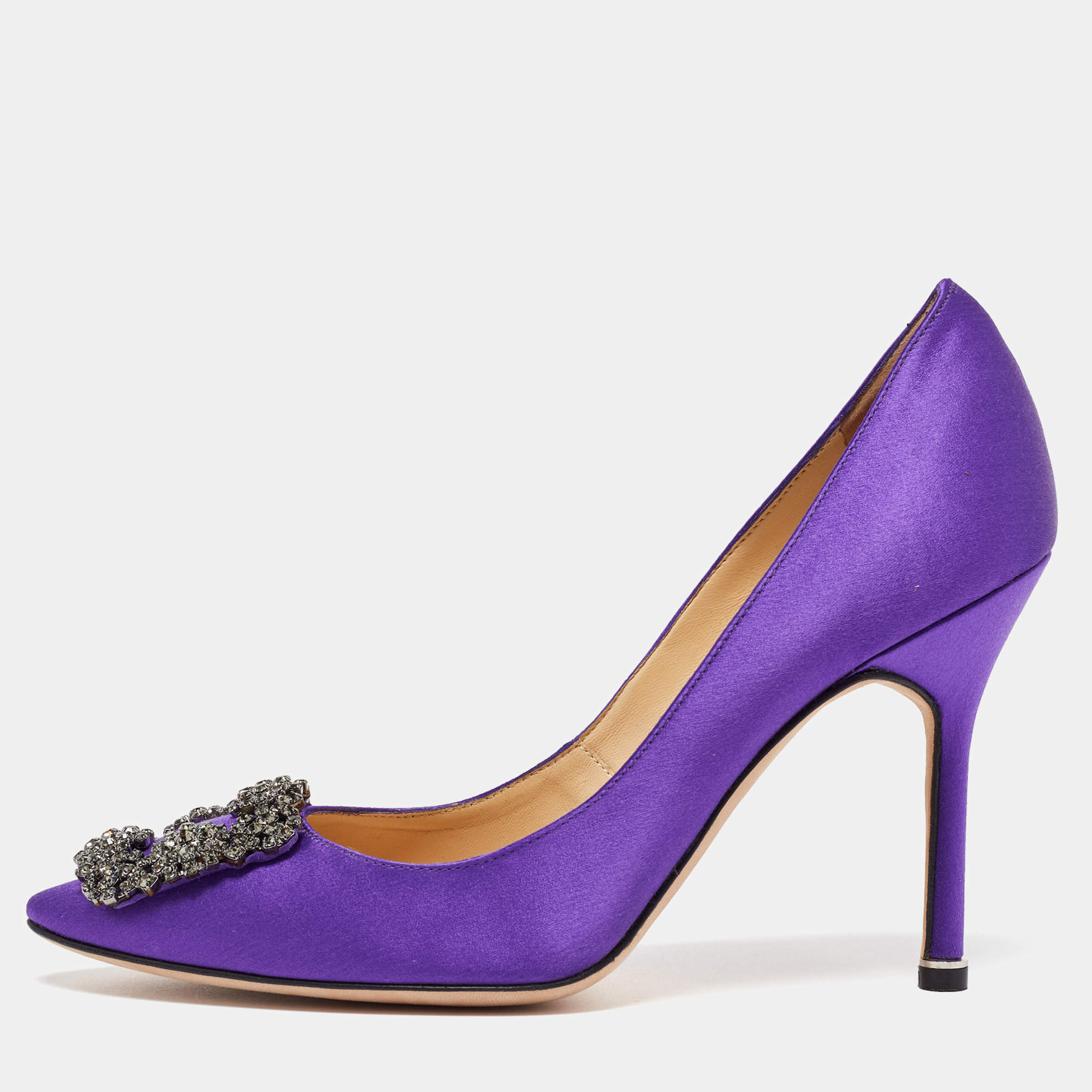 Pre Owned Manolo Blahnik Purple Satin Hangisi Crystal Embellished Pumps Size 37.5